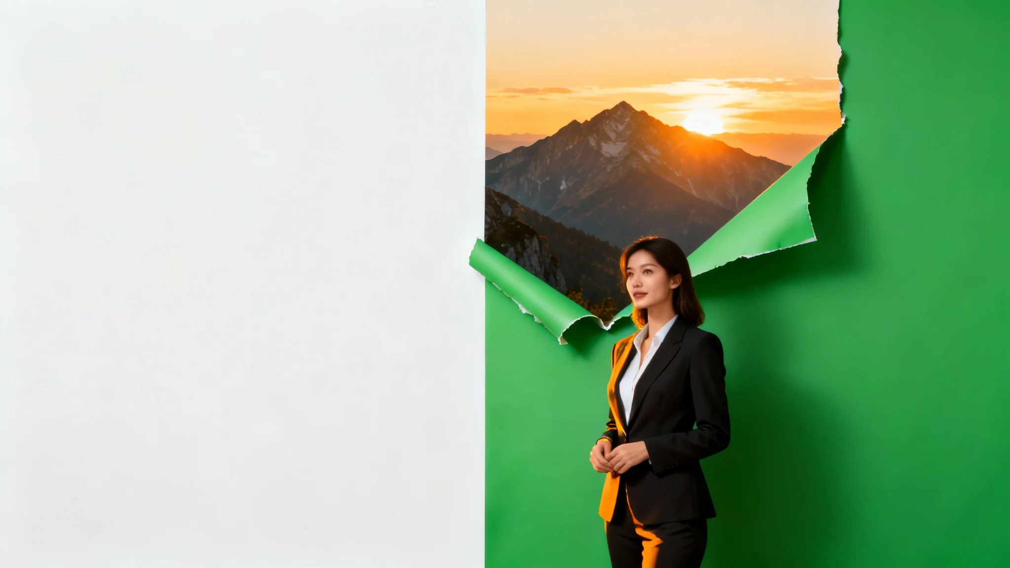 A woman in a business suit stands as her green screen background is peeled away to reveal a scenic mountain landscape, symbolizing the background-changing capability of a chroma key editor.