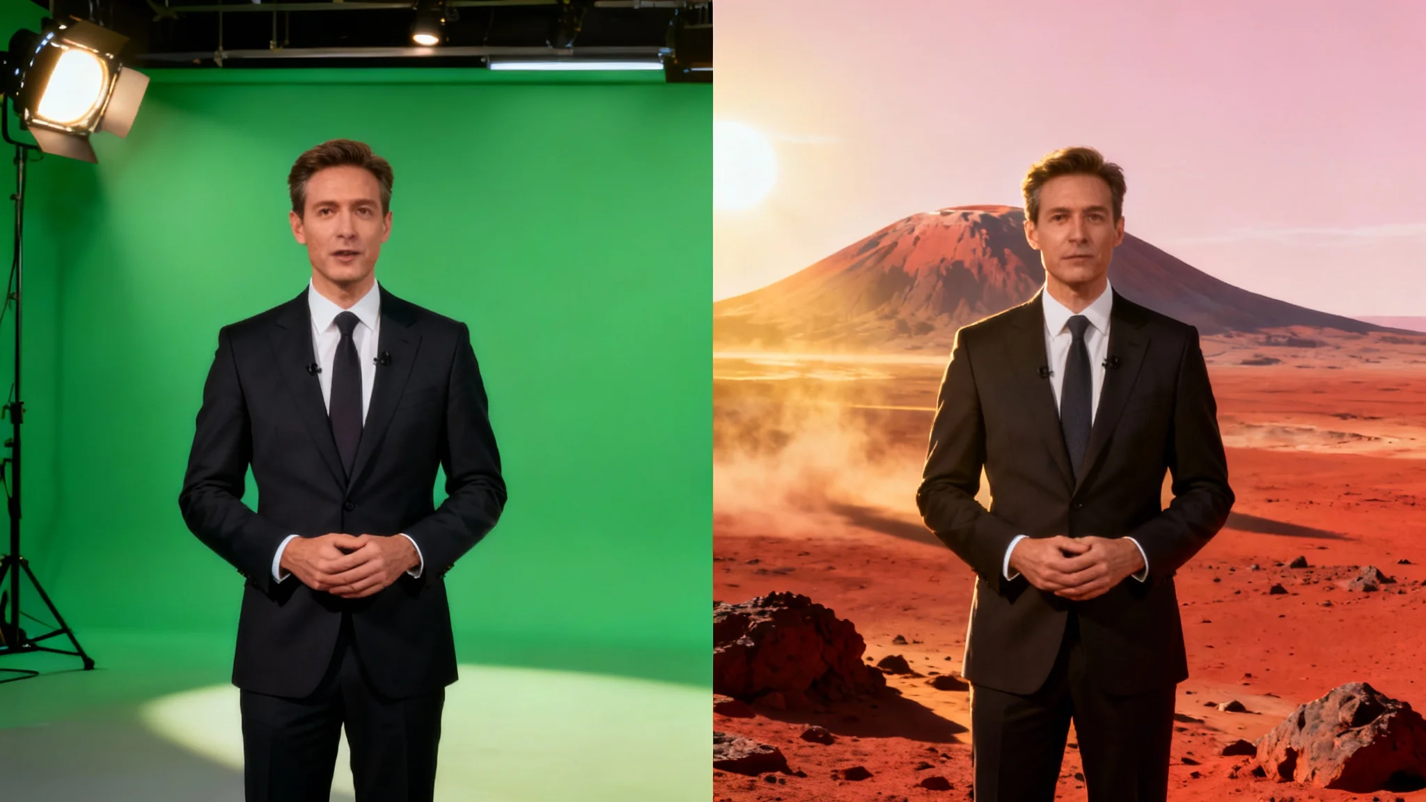 A split-image mockup for a chroma key editor. The left side shows a reporter in front of a green screen, and the right side shows the same reporter on the surface of Mars, demonstrating the background replacement.