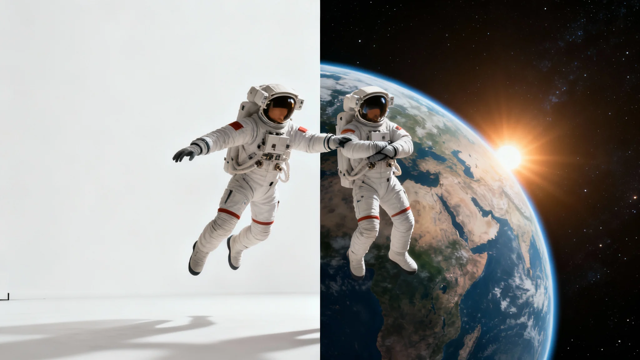 A before-and-after split-screen image demonstrating a chroma key editor. The 'before' side shows an astronaut in front of a green screen, and the 'after' side shows the same astronaut floating in space with the Earth in the background.