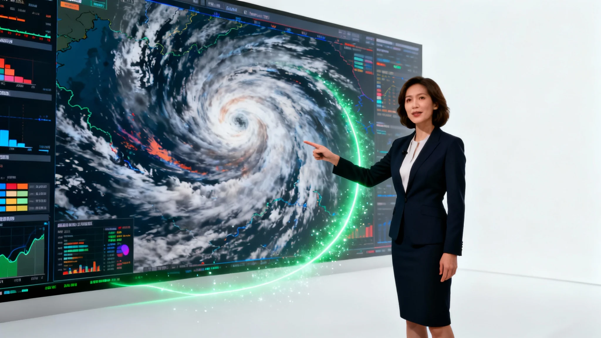 A female meteorologist in a studio setting, pointing to a dramatic weather map behind her. A faint green glow at her outline hints at the use of a chroma key (green screen) editor to create the composite image.