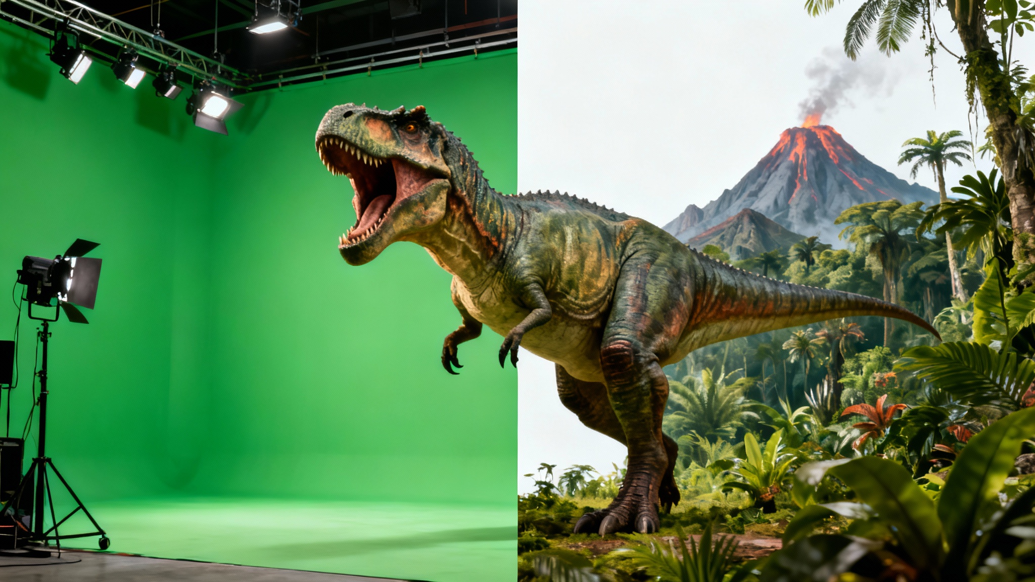 A T-Rex roaring, with the background split between a green screen studio and a prehistoric jungle, demonstrating the chroma key effect.