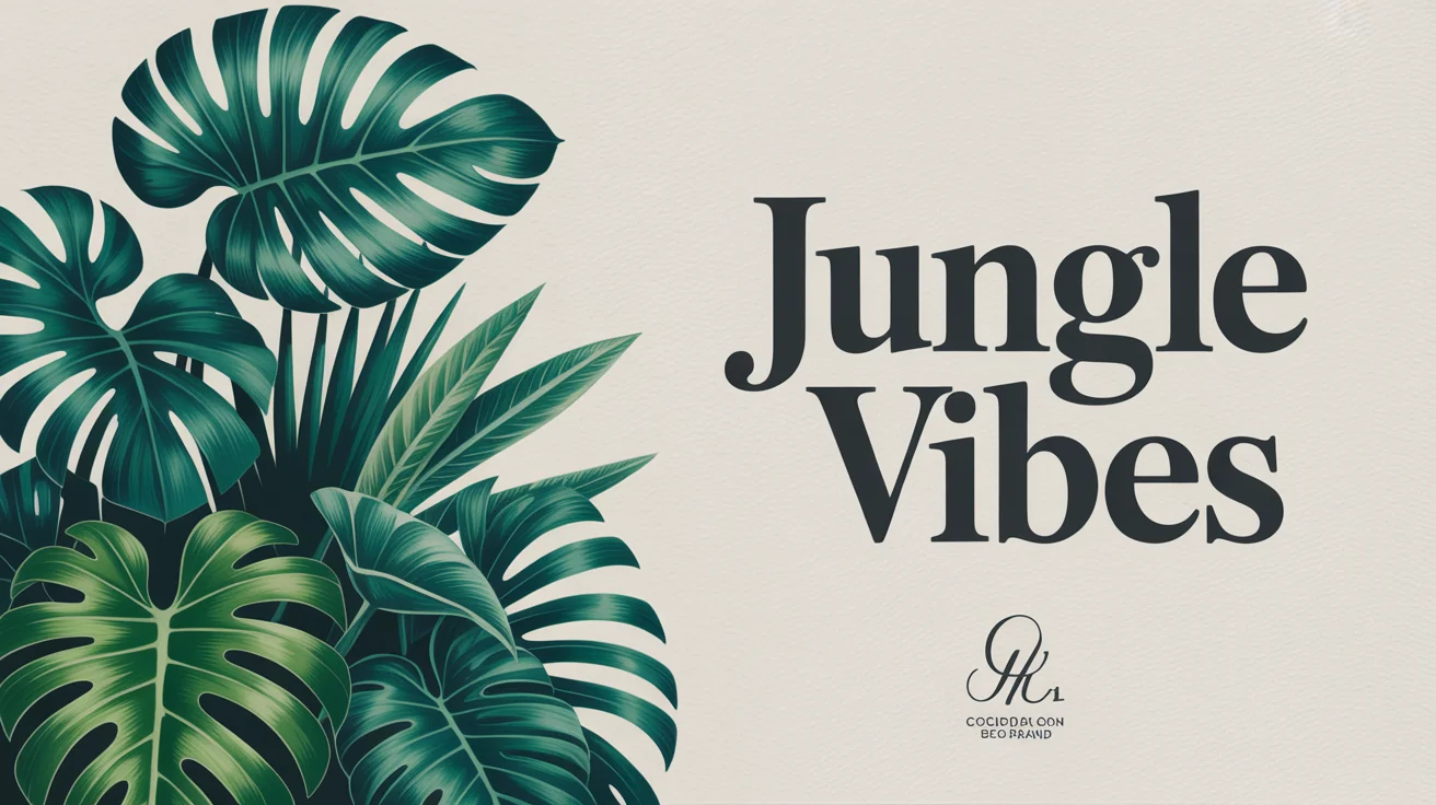 A professionally designed social media banner featuring a bold graphic illustration of various green tropical leaves. The text 'JUNGLE VIBES' is elegantly placed over the illustration, representing a polished final design.