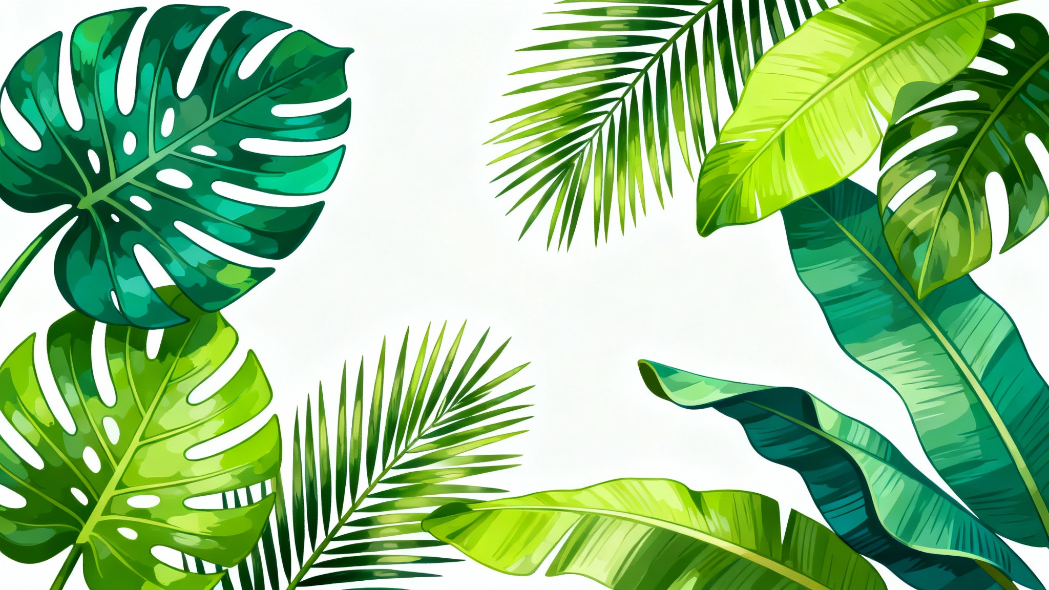 A modern digital illustration of an arrangement of various tropical leaves, including a monstera and palm frond, in vibrant green hues against a clean white background.
