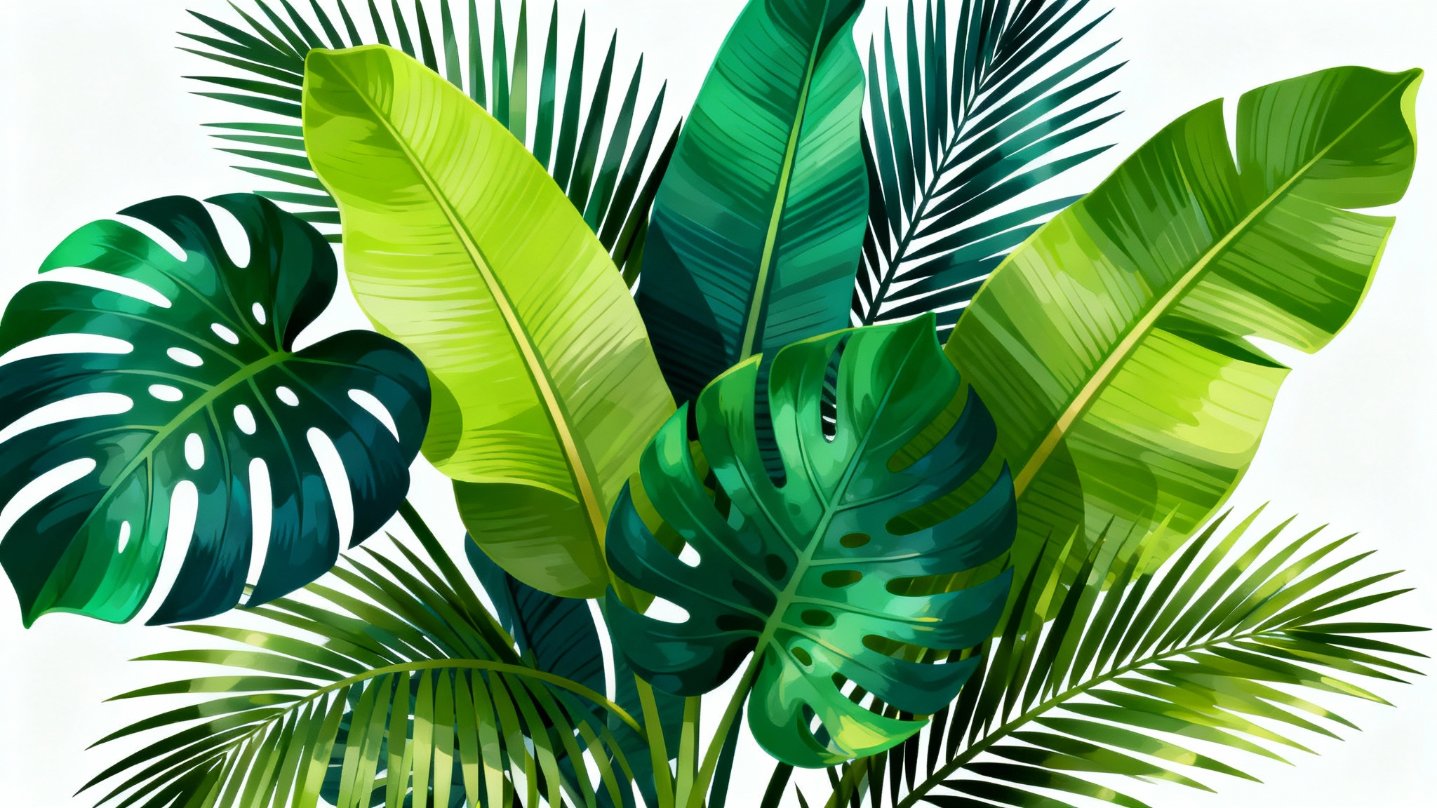 A vibrant digital illustration of a collection of detailed tropical leaves, including a large Monstera leaf, set against a plain white background.