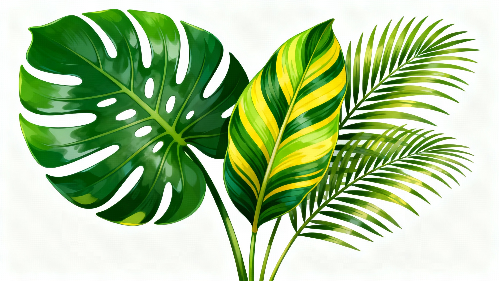 A modern digital illustration of various tropical leaves, including a monstera and a palm frond, arranged artistically on a plain white background.