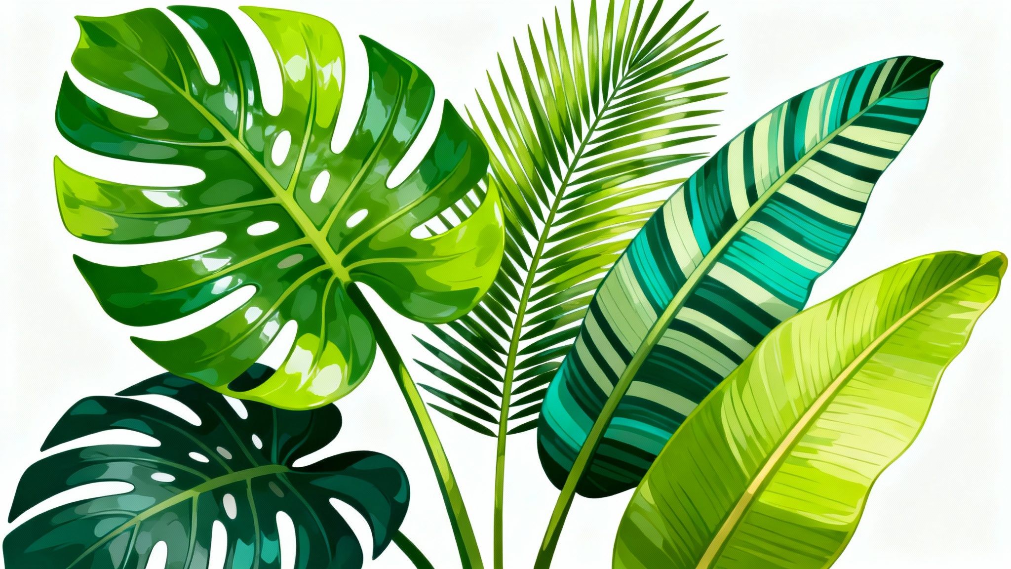 A modern digital illustration of an arrangement of various tropical leaves, including monstera and palm, in vibrant shades of green against a clean white background.