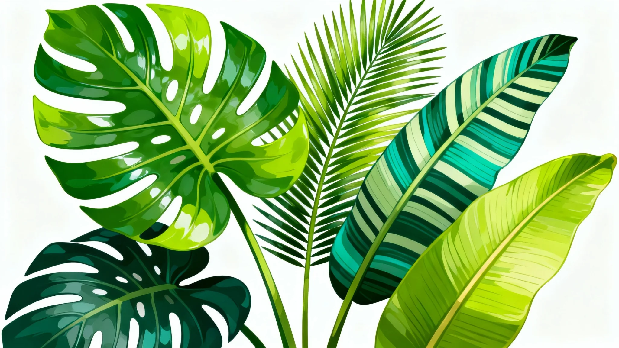 A modern digital illustration of an arrangement of various tropical leaves, including monstera and palm, in vibrant shades of green against a clean white background.