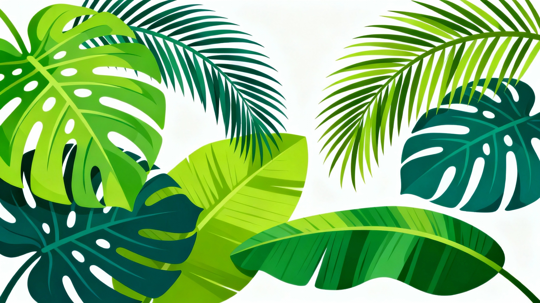 A modern digital illustration of various tropical leaves, including a monstera and a palm frond, in vibrant shades of green against a clean white background.