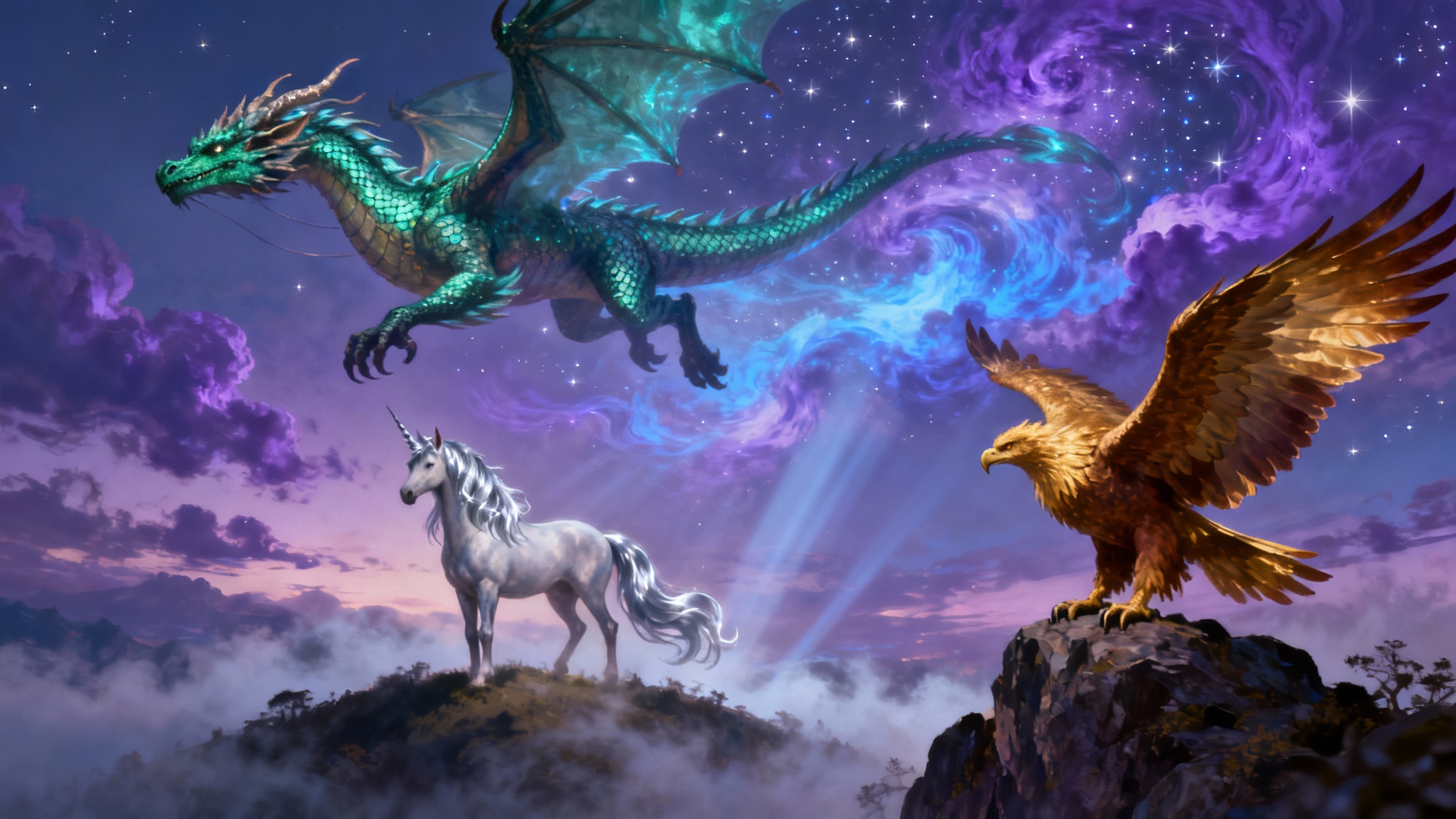 A stunning 16:9 wallpaper depicting a mystical scene with three mythological creatures under a twilight sky. An emerald dragon flies overhead, a silver unicorn stands on a hill, and a griffin is perched on a rock, all bathed in an ethereal light.
