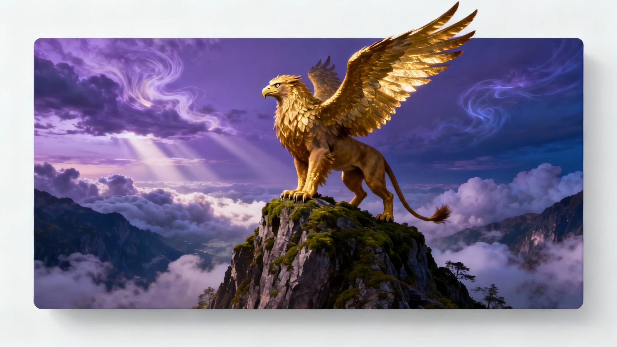 A hyperrealistic fantasy wallpaper design of a majestic griffin perched on a mountain peak, set against a dramatic twilight sky. The entire image is presented as a mockup on a clean white background.