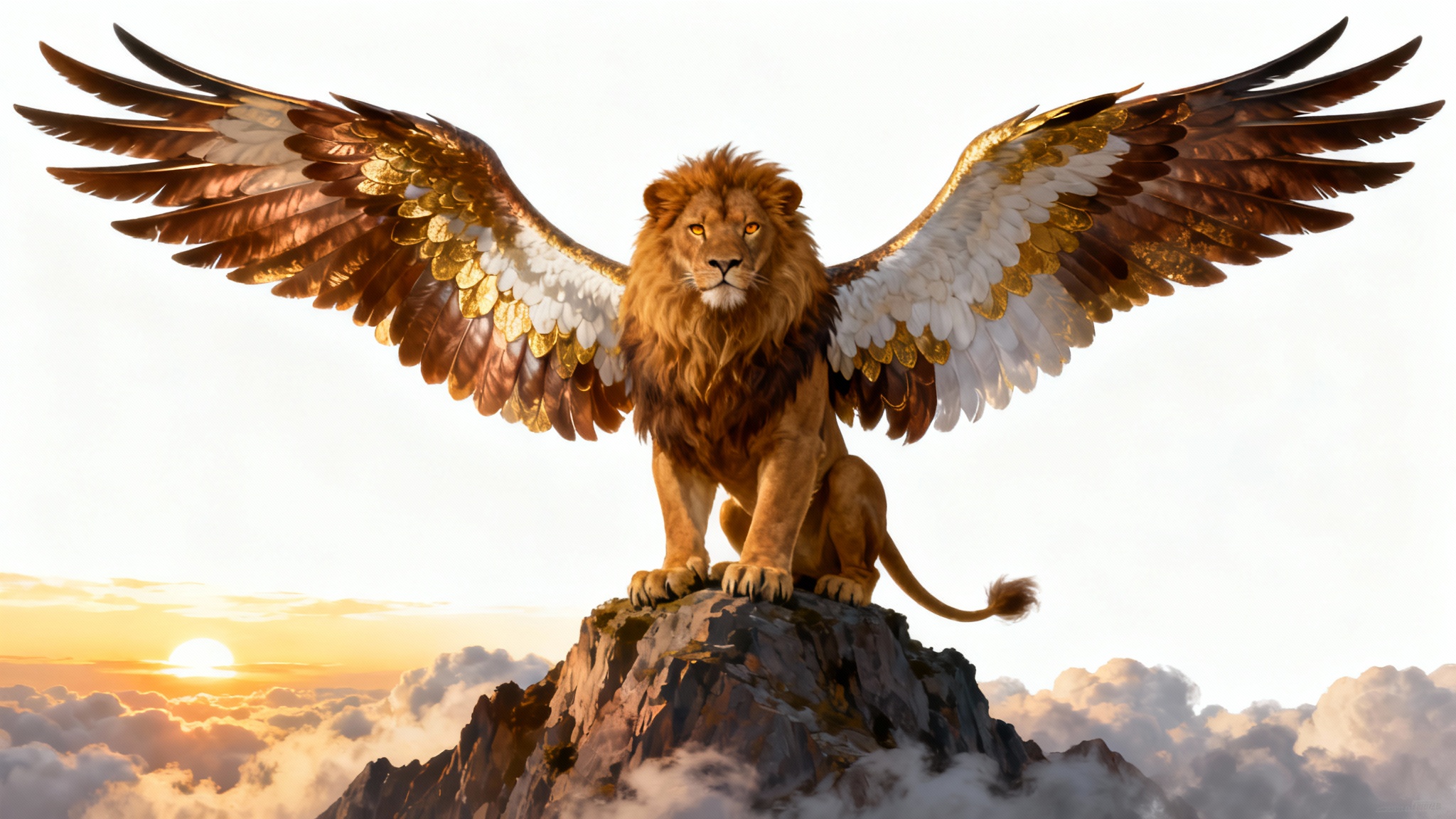 A fantasy wallpaper design of a majestic griffin, a creature with a lion's body and an eagle's head and wings, perched on a mountain peak. The image is set against a clean white background.