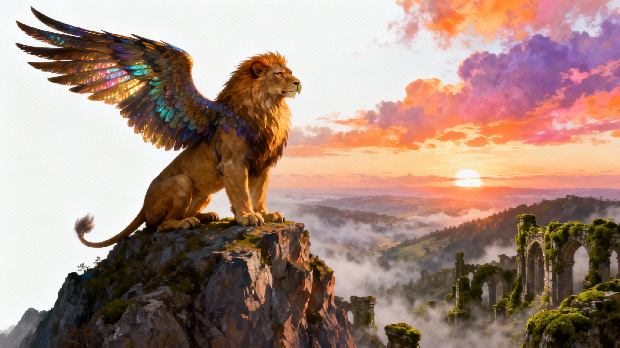 A high-resolution wallpaper featuring a majestic griffin, a mythological creature with a lion's body and an eagle's head and wings, perched on a mountain at sunrise.