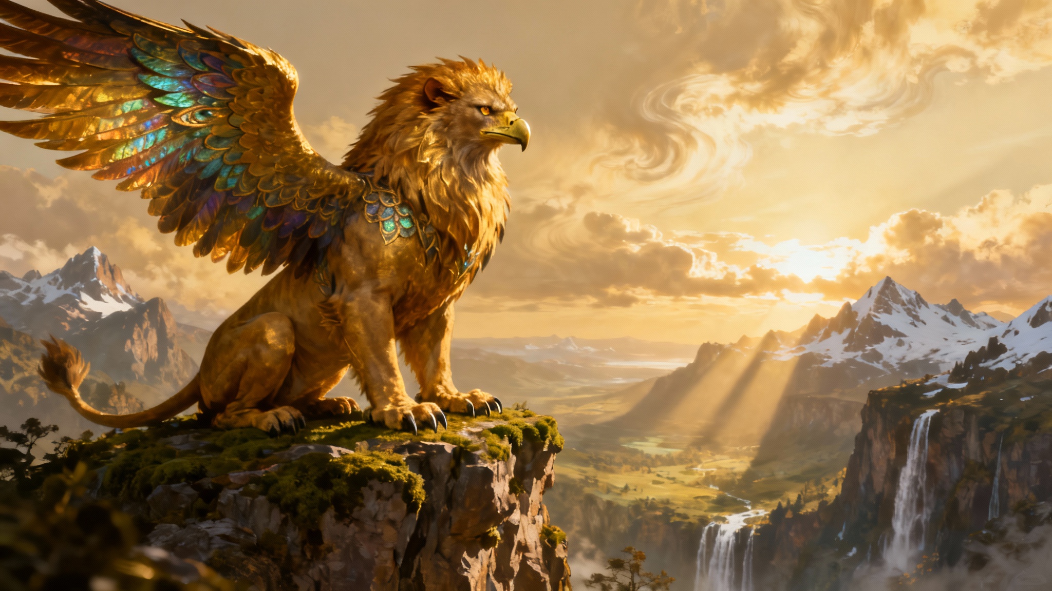 A fantasy art wallpaper of a majestic griffin perched on a cliff, overlooking a vast mountain valley at sunset.