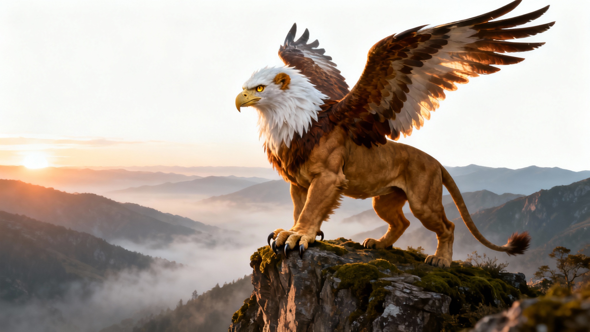 A photorealistic wallpaper mockup of a majestic Griffin, half-eagle and half-lion, perched on a cliff at sunrise, set against a clean white background.