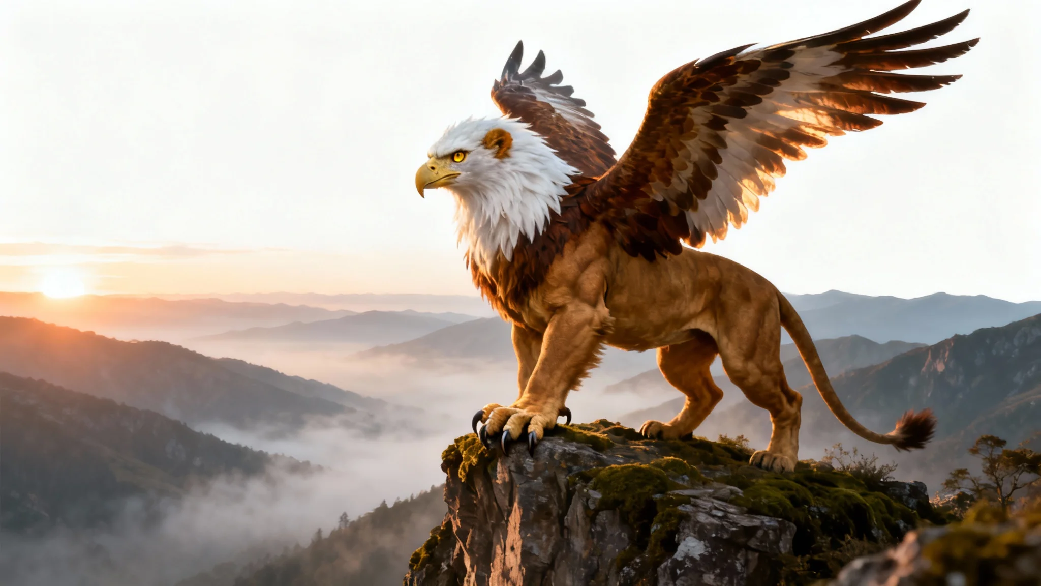 A photorealistic wallpaper mockup of a majestic Griffin, half-eagle and half-lion, perched on a cliff at sunrise, set against a clean white background.