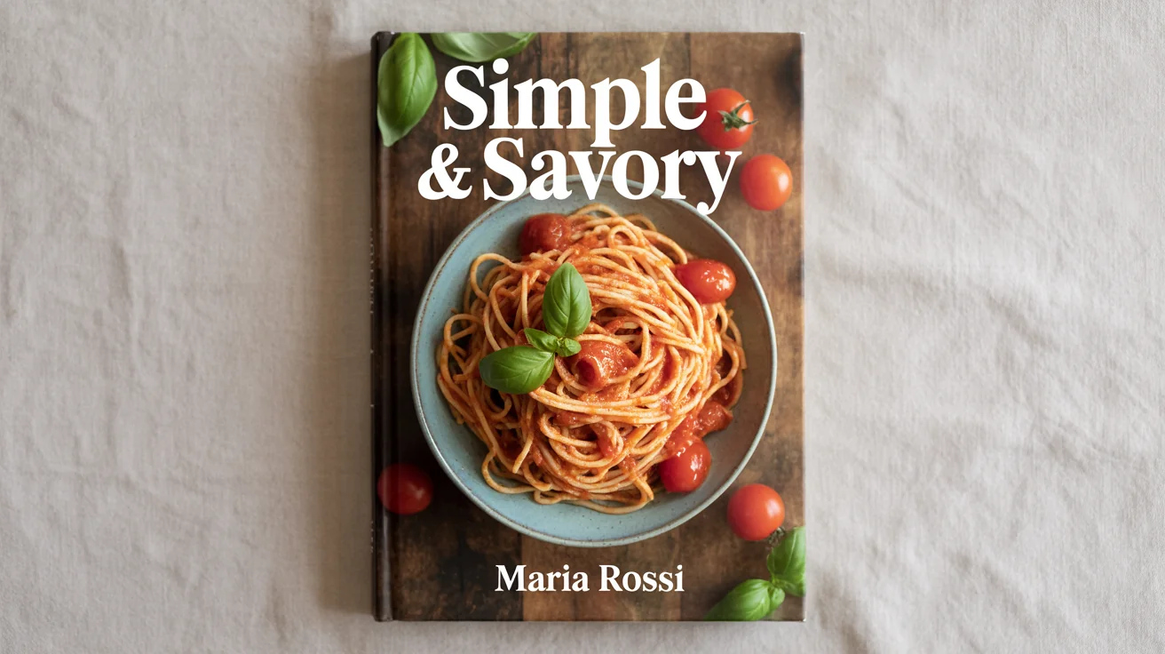 A professionally designed cookbook cover titled 'Simple & Savory' by Maria Rossi, featuring a vibrant, top-down photo of a delicious pasta dish.