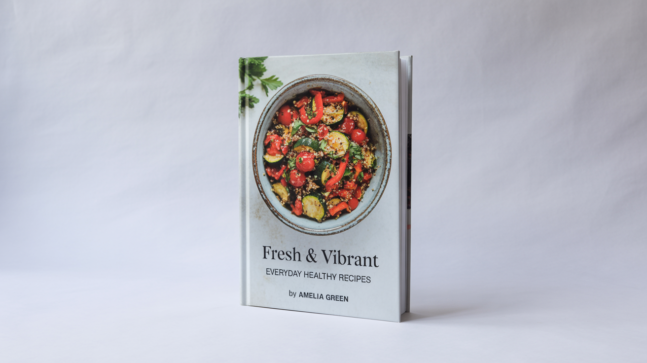 A mockup of a modern cookbook titled 'Fresh & Vibrant' by Amelia Green. The cover shows a colorful, healthy salad, and the book is displayed against a clean white background.