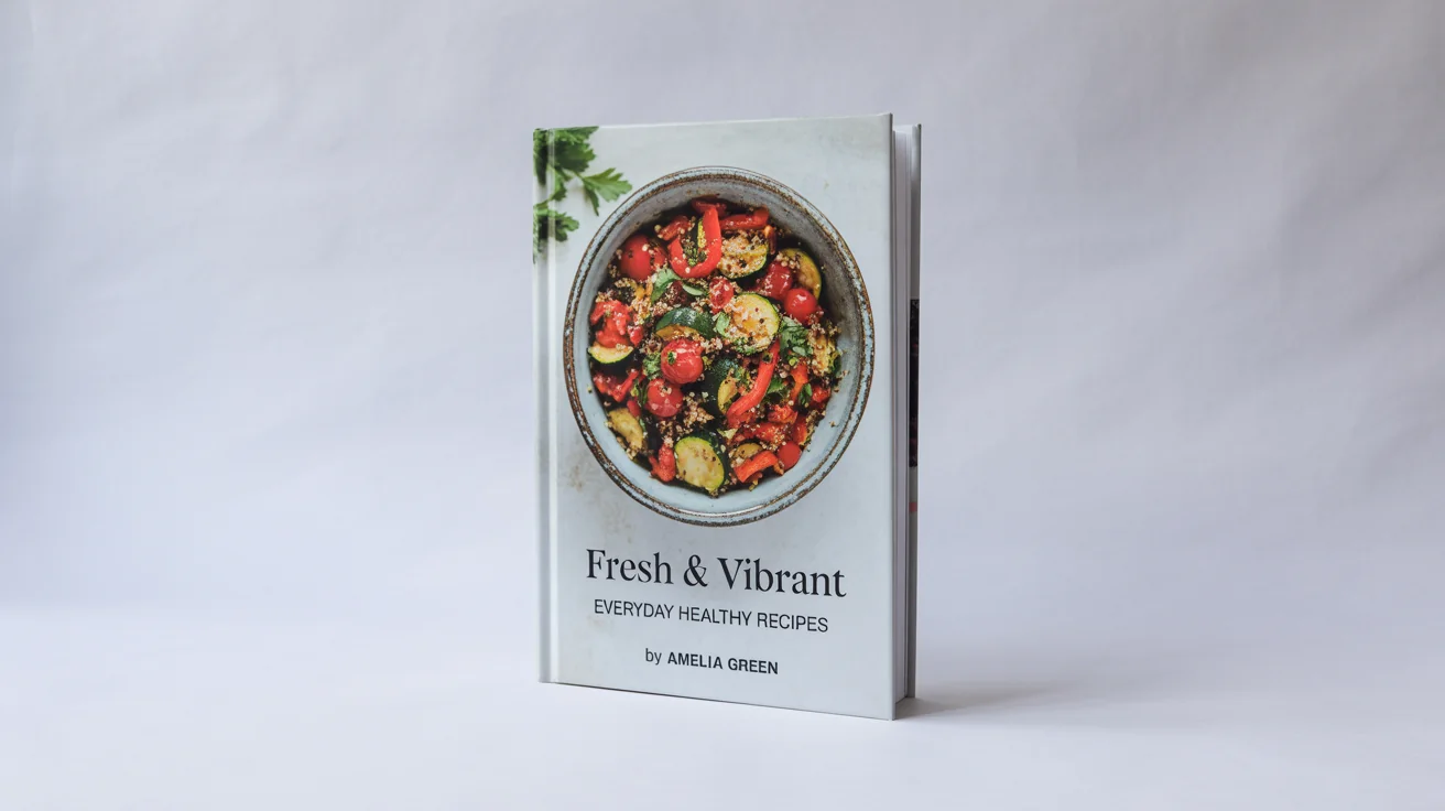 A mockup of a modern cookbook titled 'Fresh & Vibrant' by Amelia Green. The cover shows a colorful, healthy salad, and the book is displayed against a clean white background.