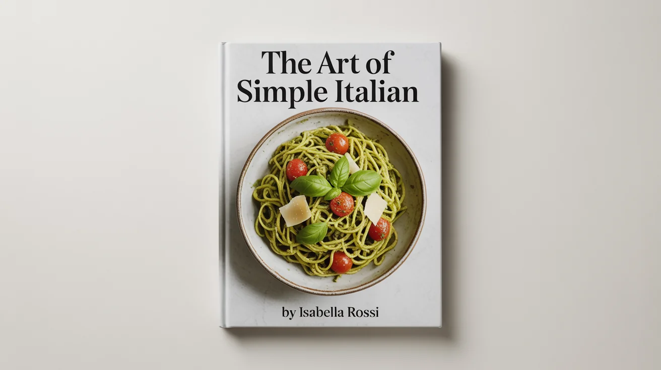 A professional mockup of a cookbook cover titled 'The Art of Simple Italian' by Isabella Rossi, featuring a delicious-looking bowl of pasta on a clean white background.