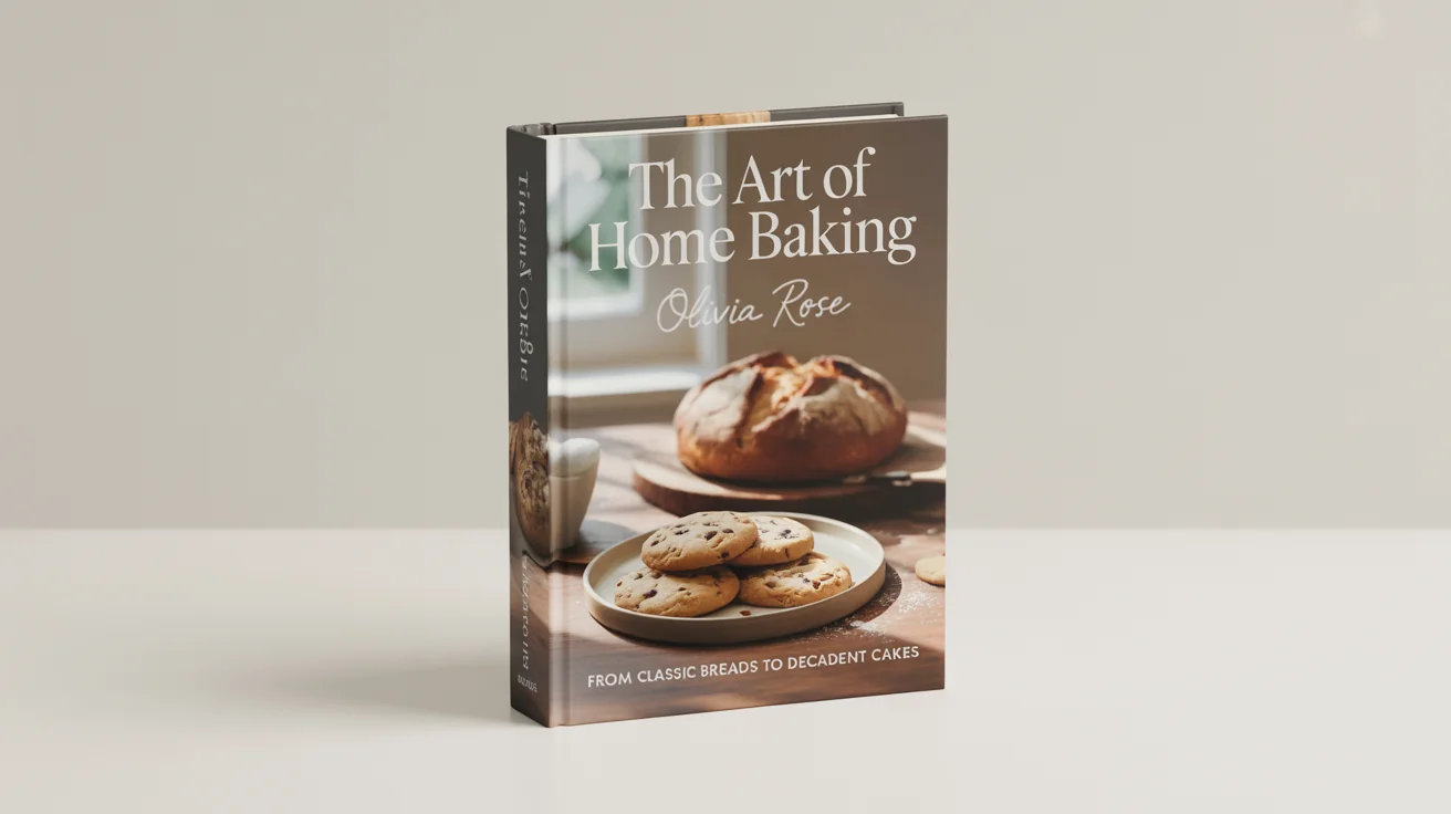 A mockup of a cookbook cover titled 'The Art of Home Baking' by Olivia Rose, featuring a warm and inviting photograph of freshly baked artisanal bread and chocolate chip cookies on a rustic wooden surface.