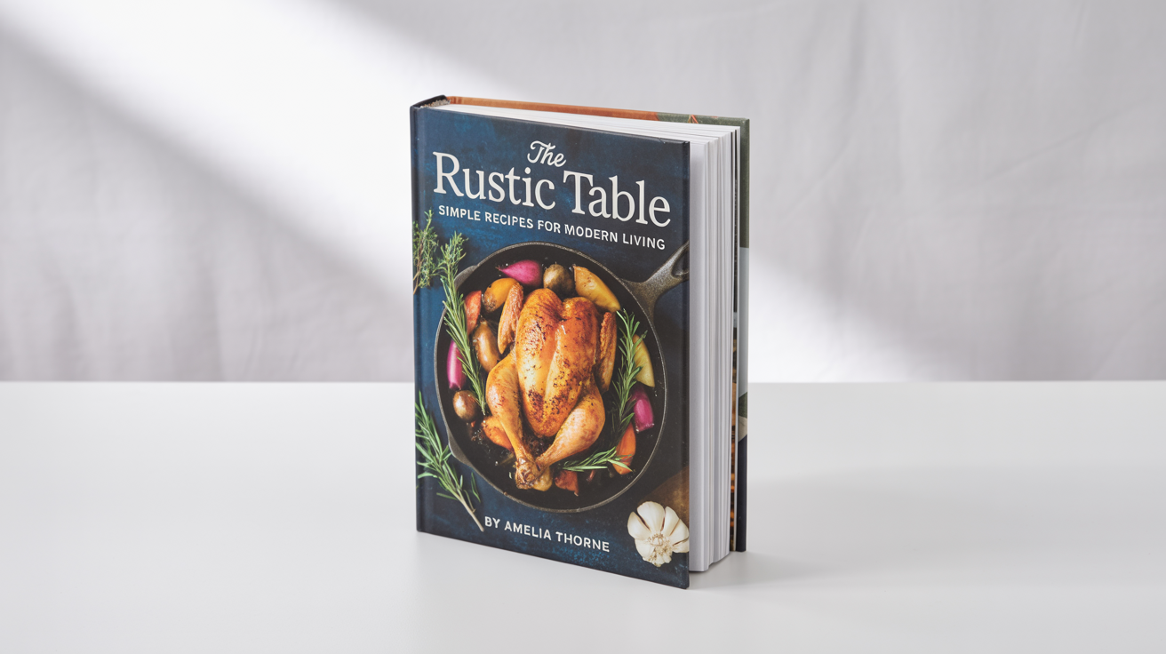 A professional product shot of a hardcover cookbook titled 'The Rustic Table' by Amelia Thorne, displayed against a plain white background. The cover features a delicious-looking roasted chicken.