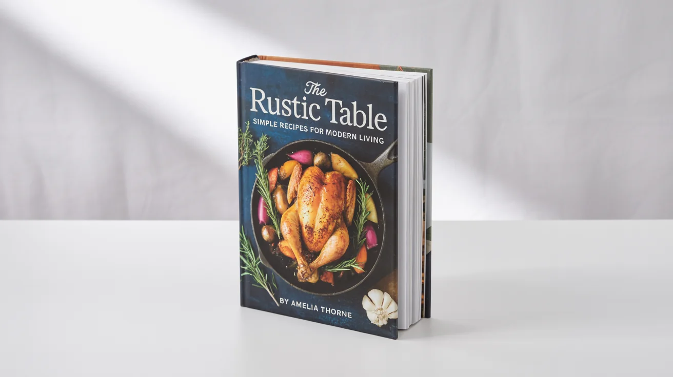 A professional product shot of a hardcover cookbook titled 'The Rustic Table' by Amelia Thorne, displayed against a plain white background. The cover features a delicious-looking roasted chicken.