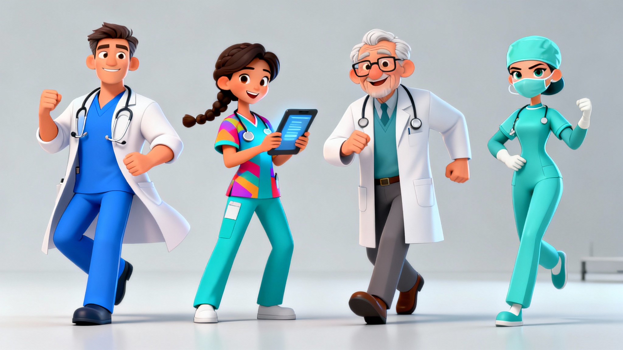 A professional character design sheet showing a lineup of four diverse doctors in a modern, polished 2D animation style against a clean studio background.