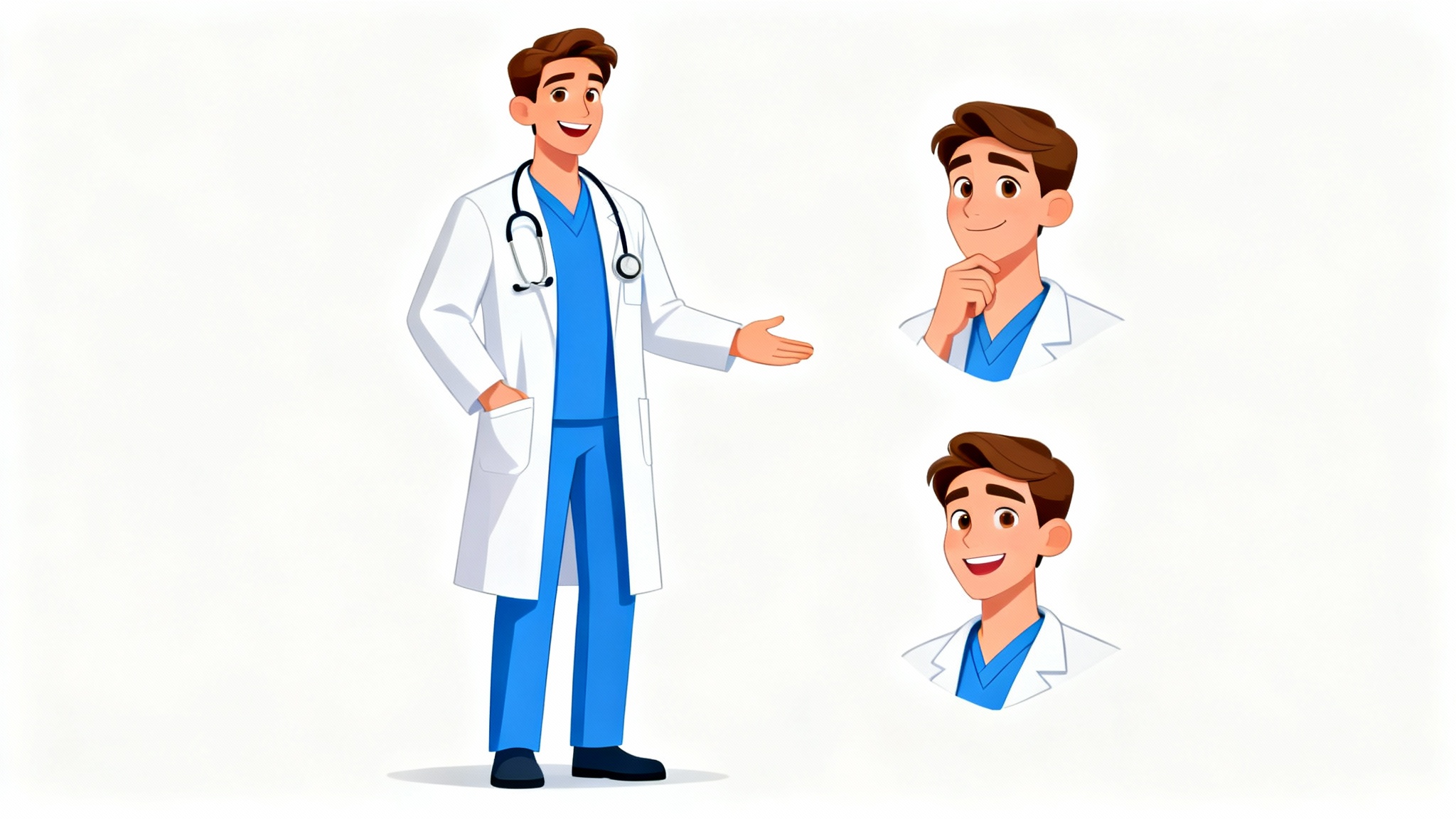 A character design concept sheet for a friendly male doctor in a white lab coat and scrubs, shown in a full-body pose and two smaller headshots with different expressions, against a white background.