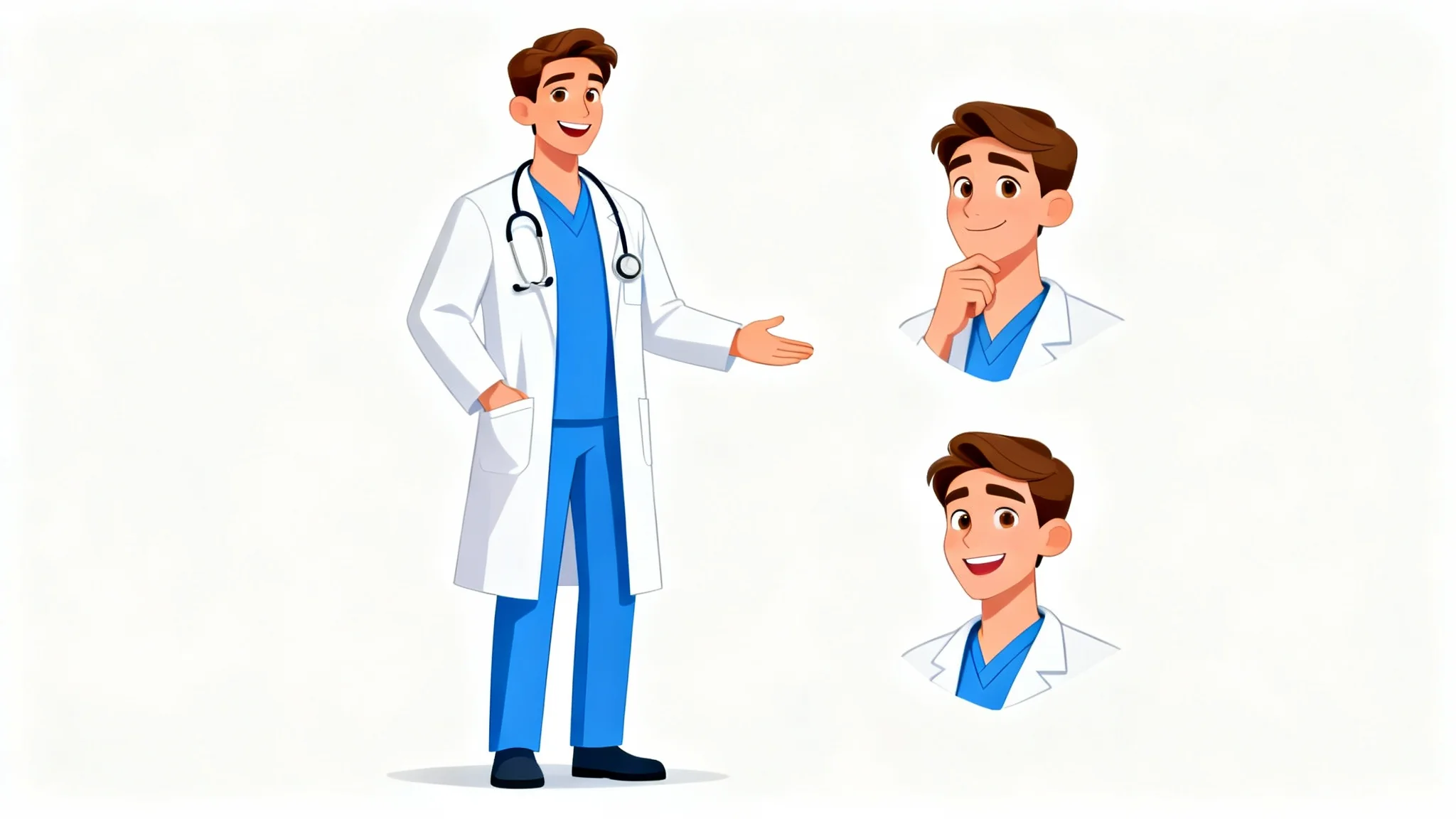 A character design concept sheet for a friendly male doctor in a white lab coat and scrubs, shown in a full-body pose and two smaller headshots with different expressions, against a white background.