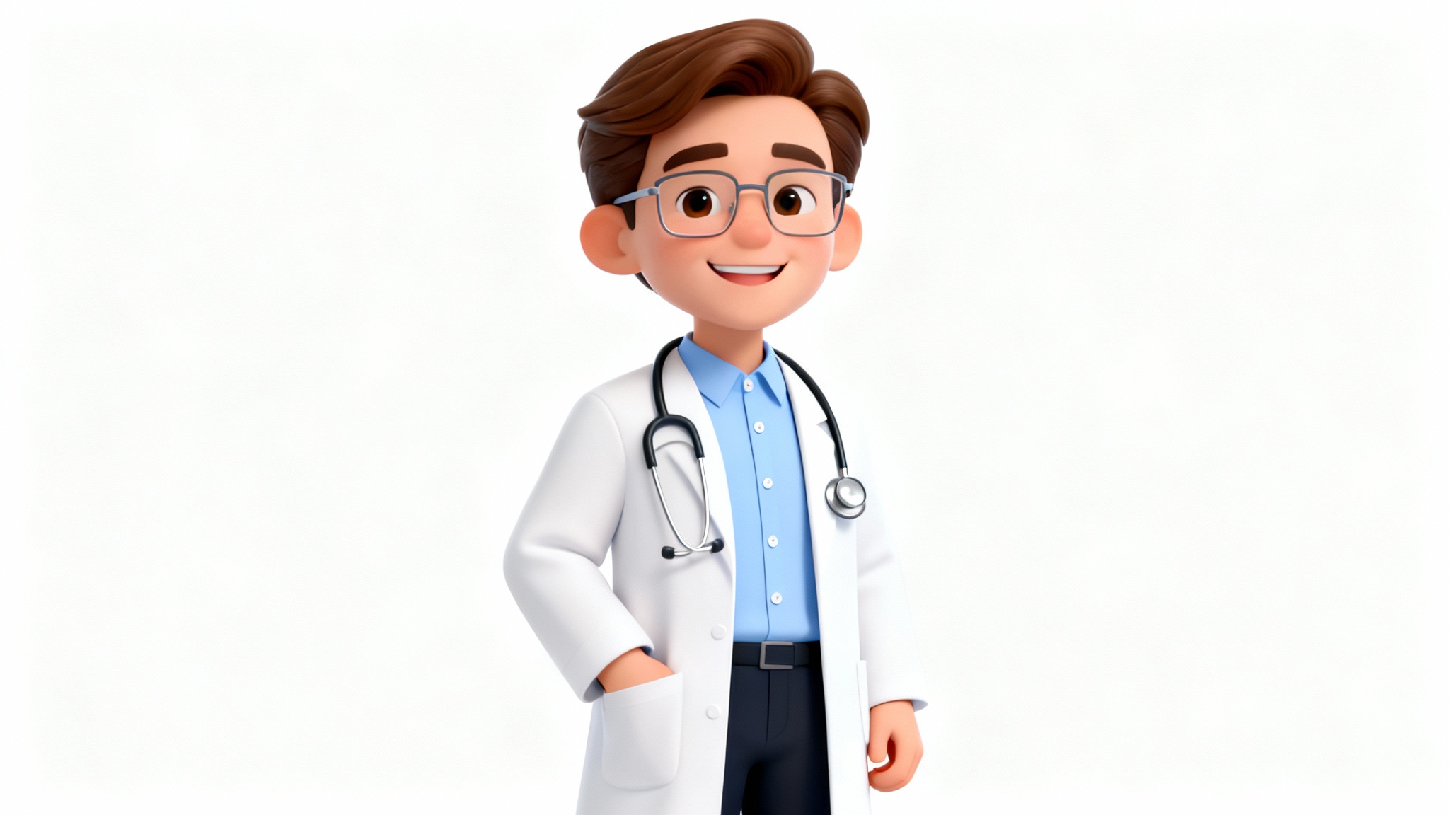 A 3D character design of a friendly male doctor with glasses and a stethoscope, wearing a white coat and smiling, against a solid white background.