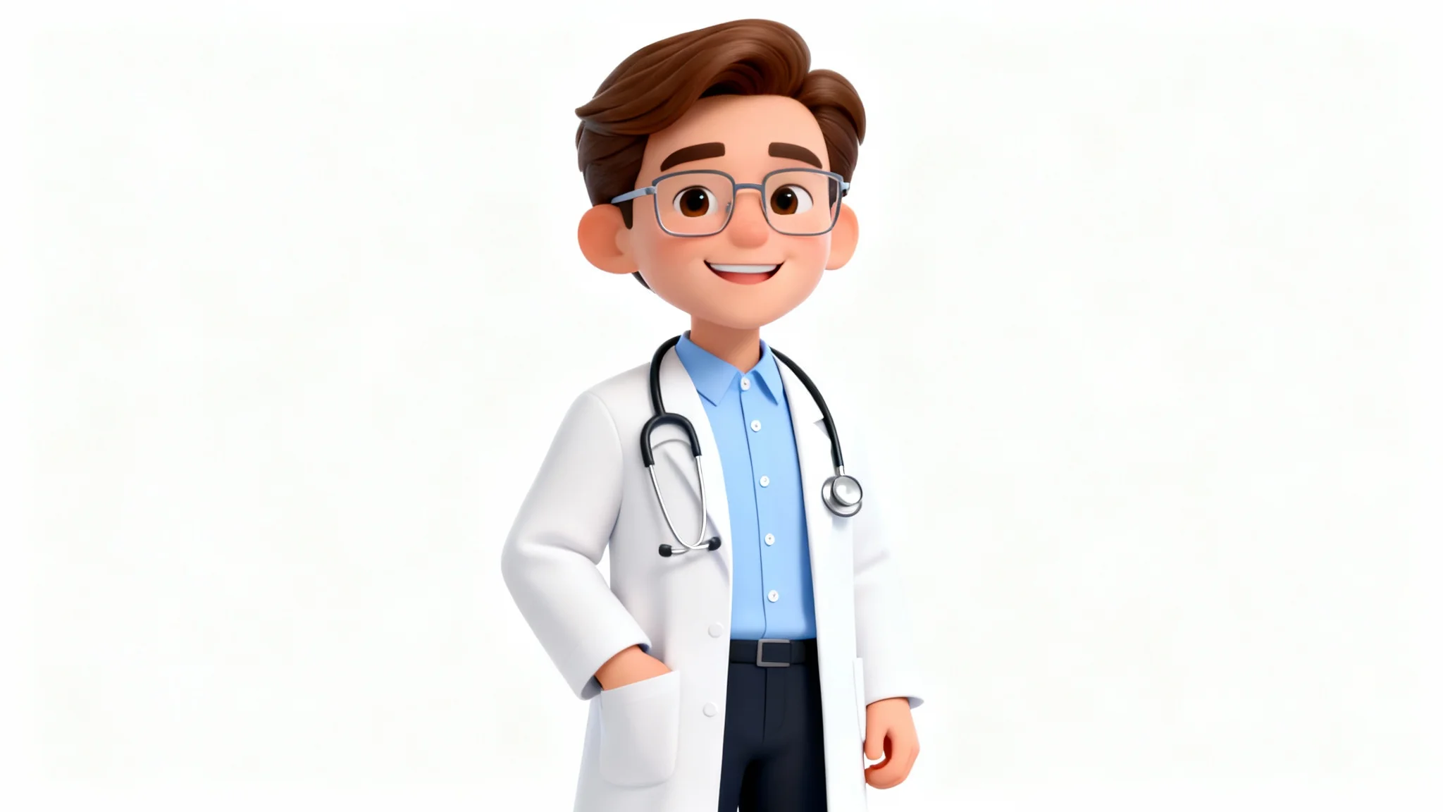 A 3D character design of a friendly male doctor with glasses and a stethoscope, wearing a white coat and smiling, against a solid white background.