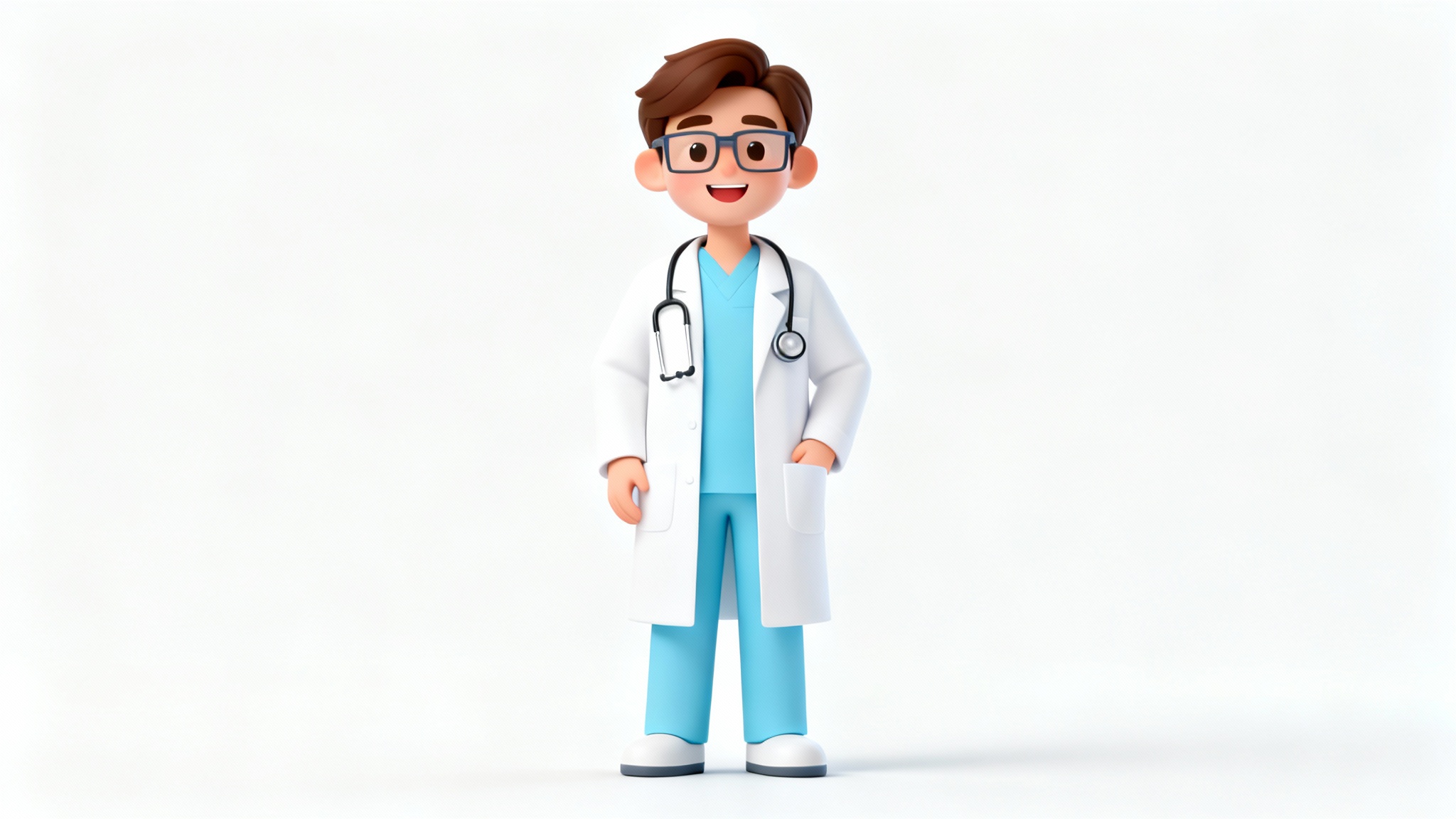 A 3D character design of a friendly male doctor in a white lab coat and scrubs, smiling warmly against a plain white background.