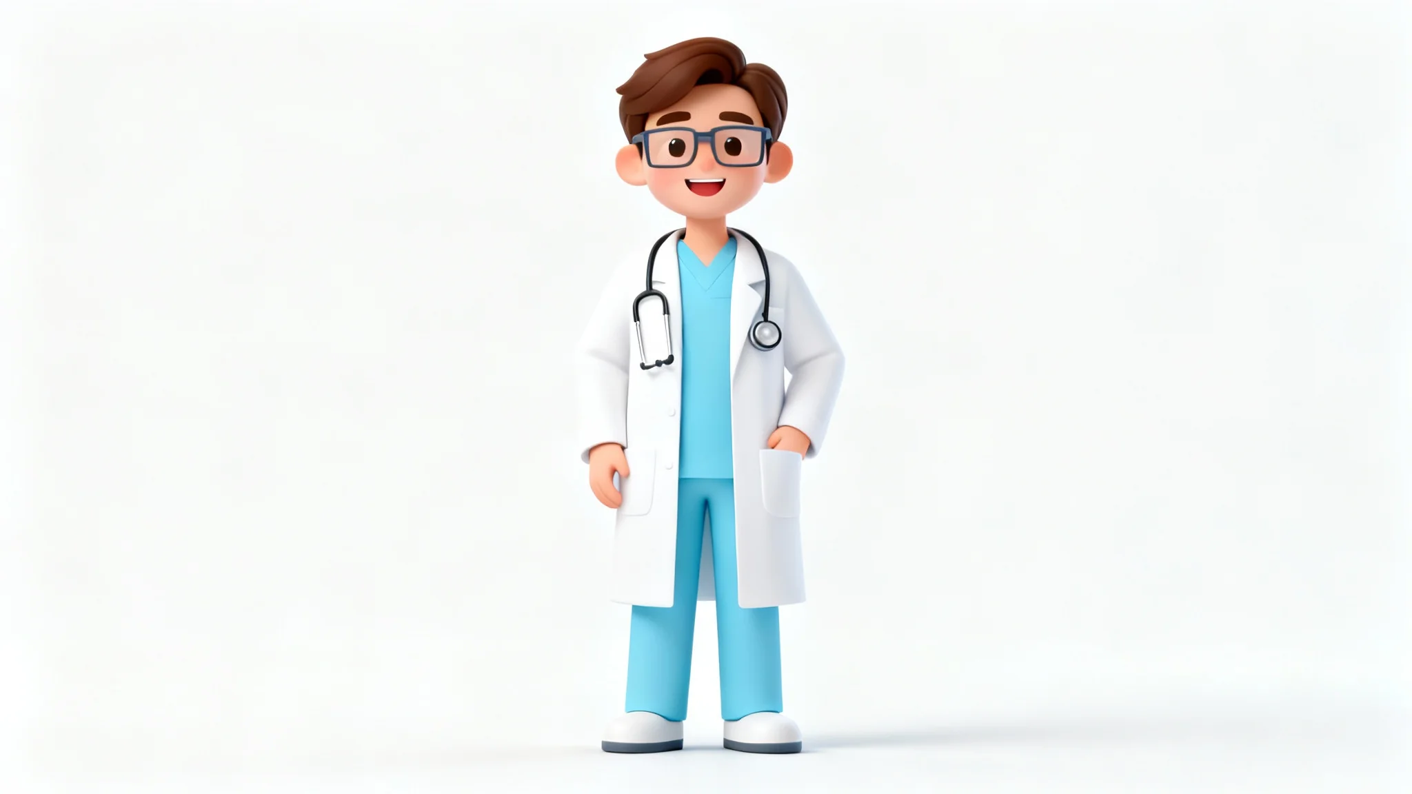 A 3D character design of a friendly male doctor in a white lab coat and scrubs, smiling warmly against a plain white background.