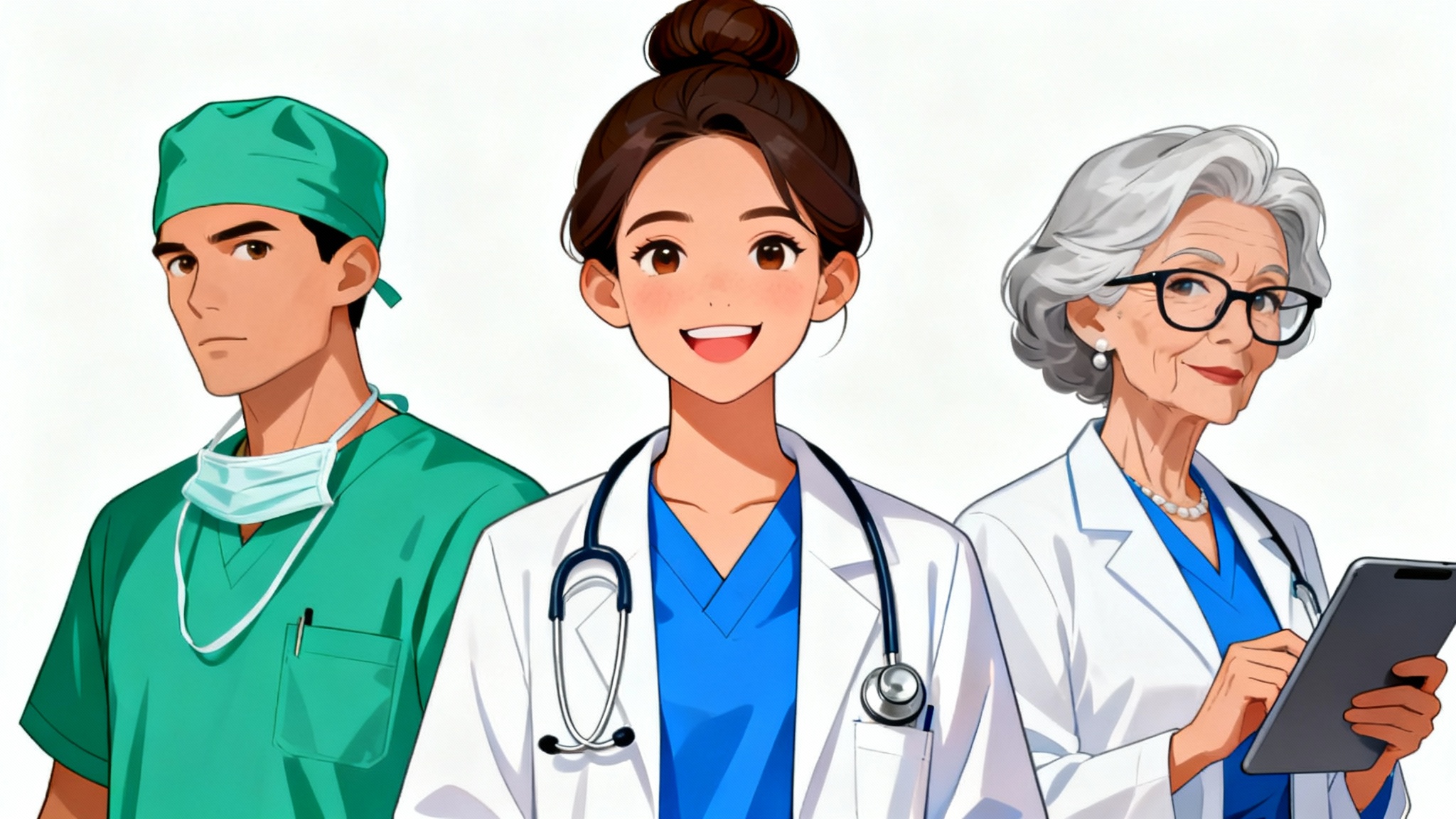 A concept art lineup of three distinct doctor characters against a white background. It features a friendly female GP, a focused male surgeon, and a wise older female specialist, all in a modern digital illustration style.