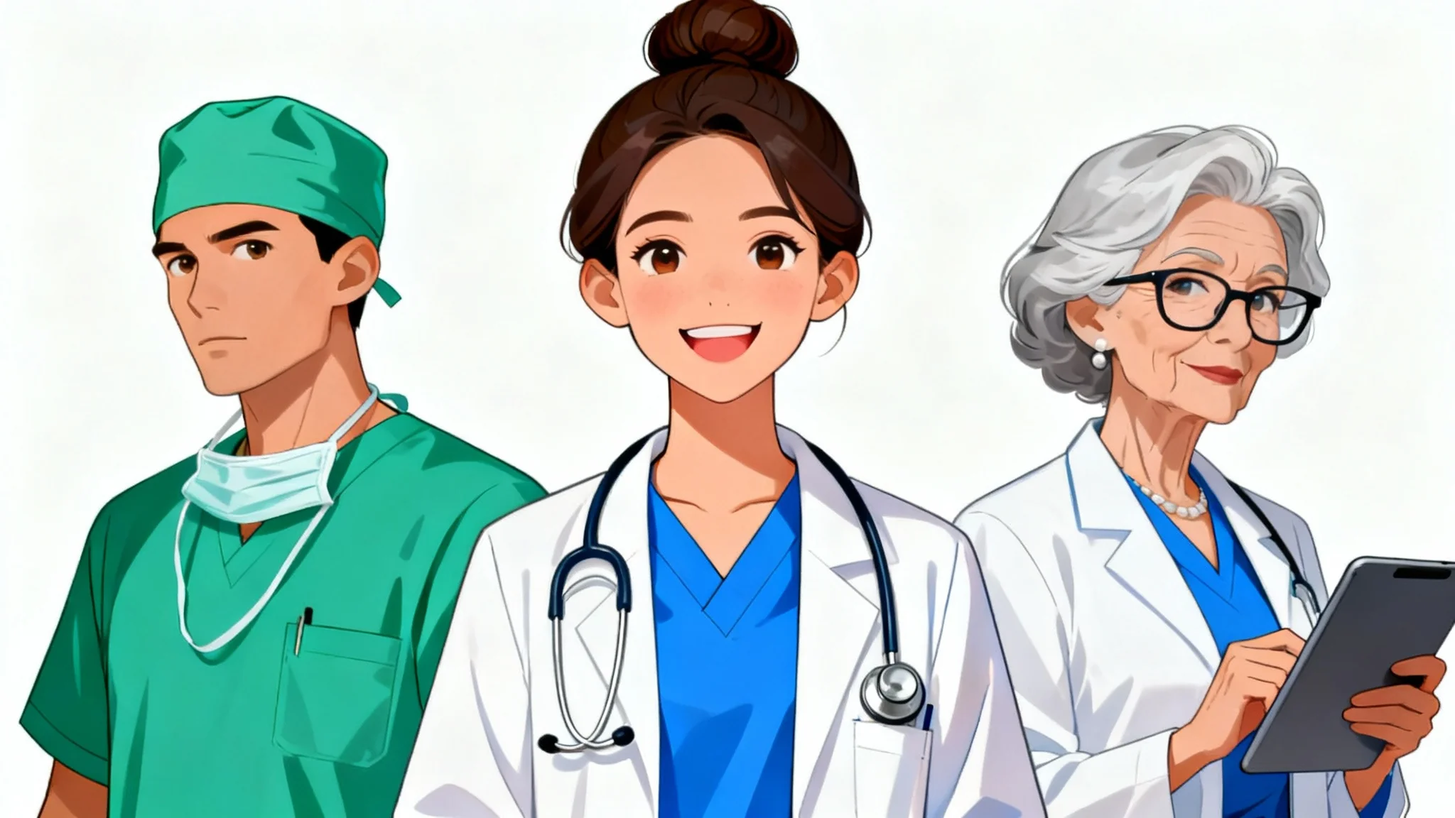 A concept art lineup of three distinct doctor characters against a white background. It features a friendly female GP, a focused male surgeon, and a wise older female specialist, all in a modern digital illustration style.