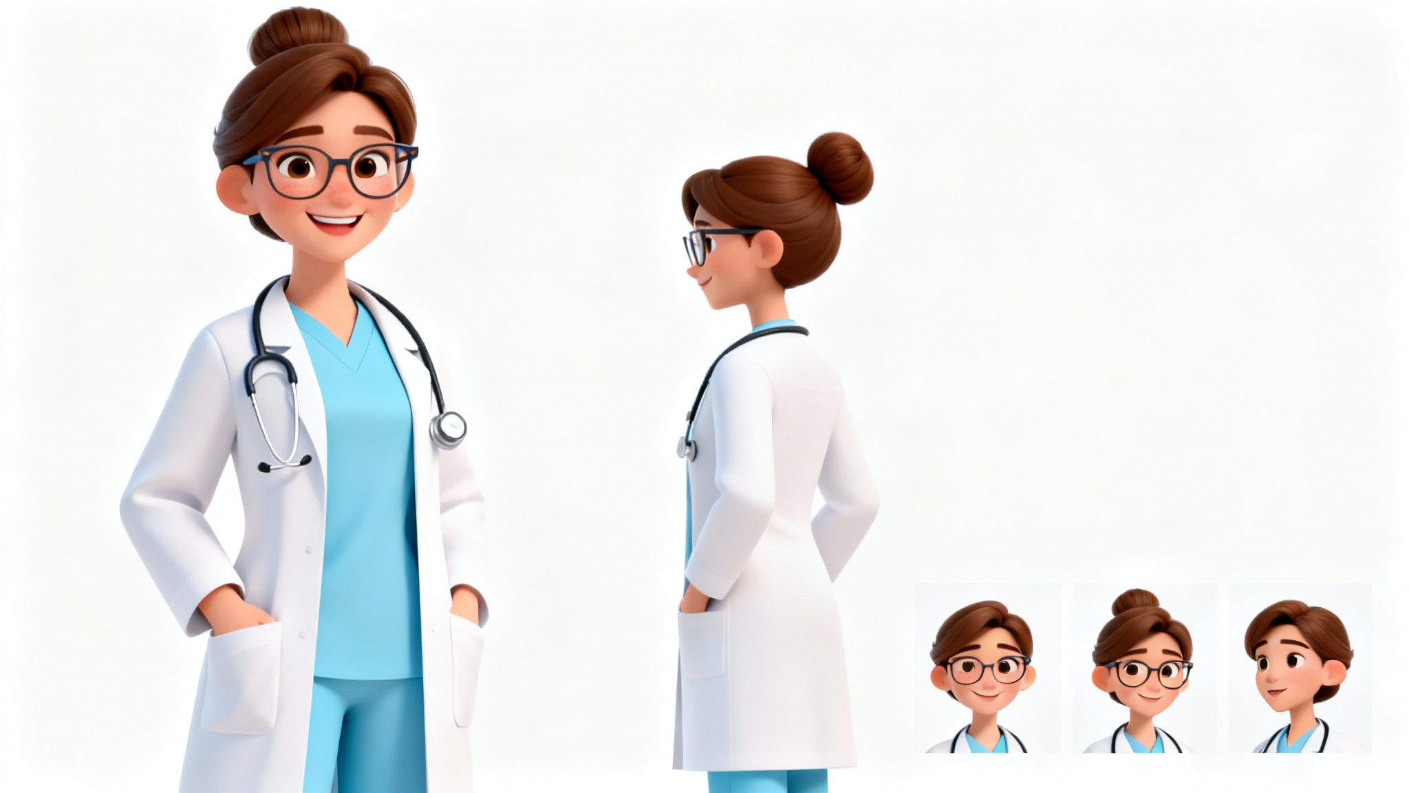 A character design sheet for a female doctor, showing a full-body illustration and smaller views of her from different angles and with various facial expressions, all on a white background.