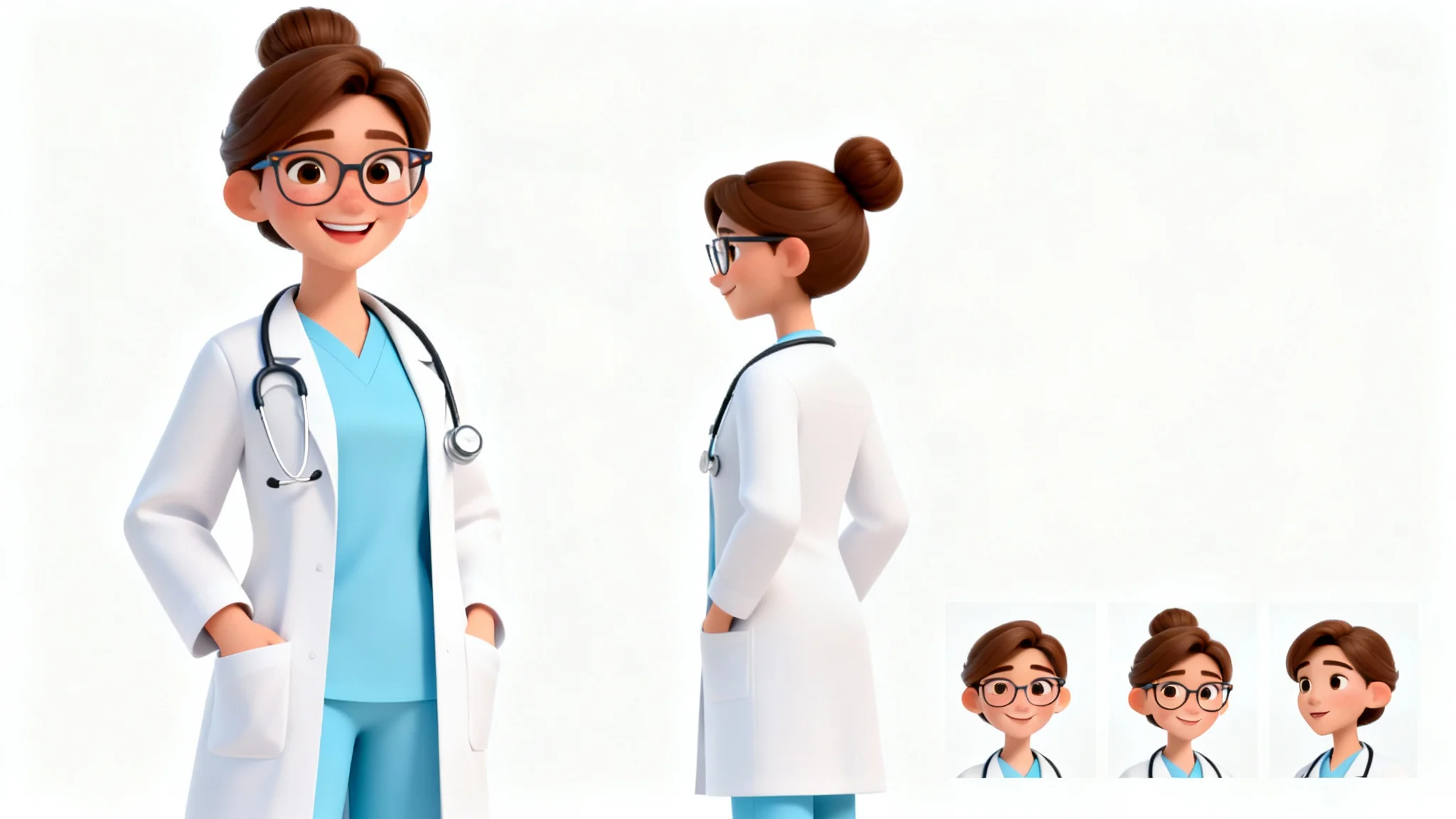 A character design sheet for a female doctor, showing a full-body illustration and smaller views of her from different angles and with various facial expressions, all on a white background.