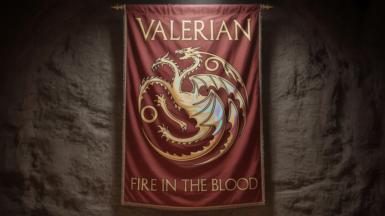 A professionally designed Game of Thrones style banner for the fictional House Valerian, featuring a golden dragon sigil and the motto 'Fire in the Blood' on a crimson background.