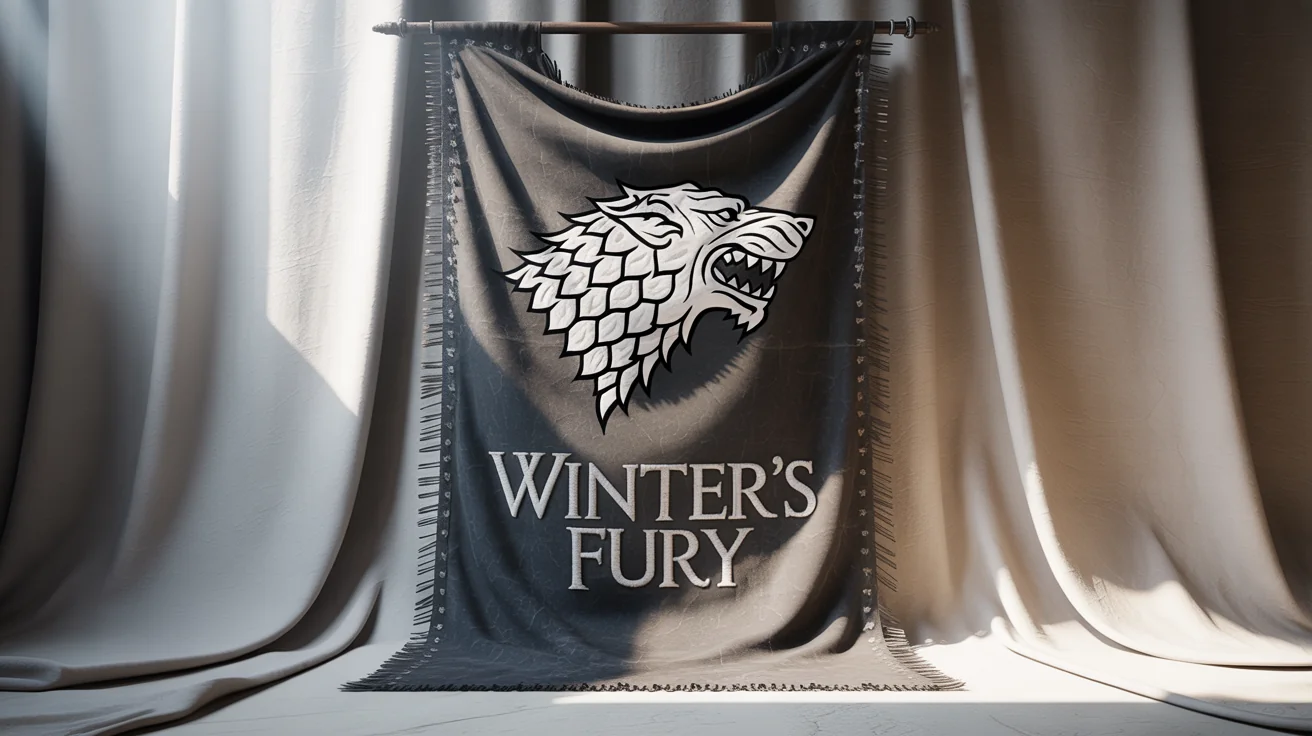 A Game of Thrones-inspired medieval banner on a white background, featuring a silver direwolf sigil and the words "Winter's Fury" in a gothic font.