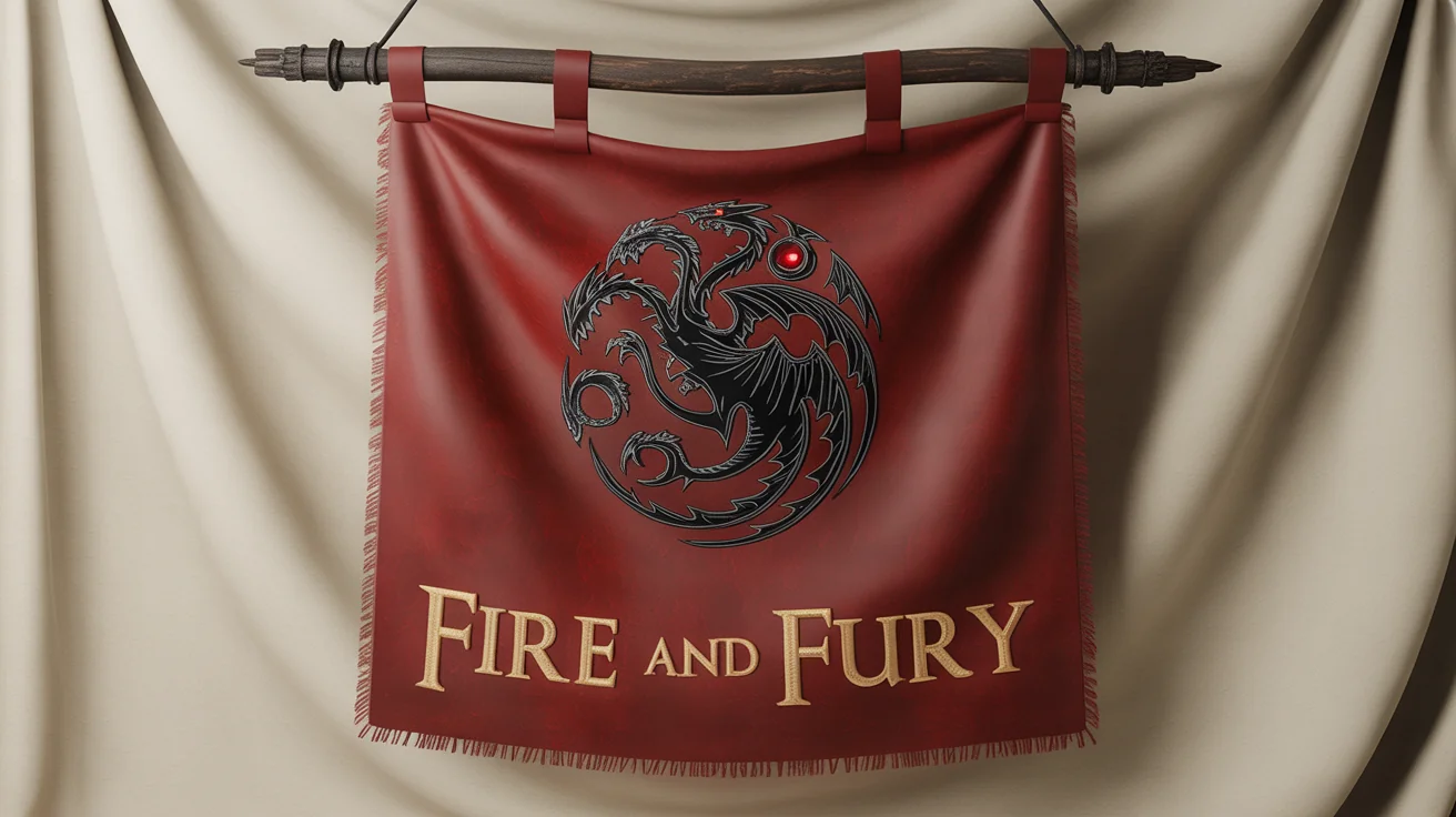 A red medieval banner inspired by Game of Thrones, featuring a black dragon sigil and the words 'Fire and Fury' embroidered in gold.
