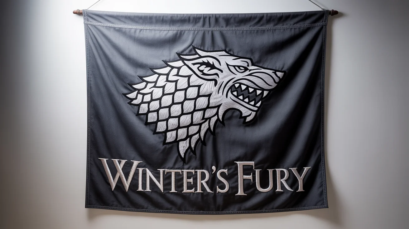 A Game of Thrones-inspired banner made of dark grey, textured fabric, featuring an embroidered snarling wolf's head and the motto 'Winter's Fury' in silver gothic text, presented against a clean white background.