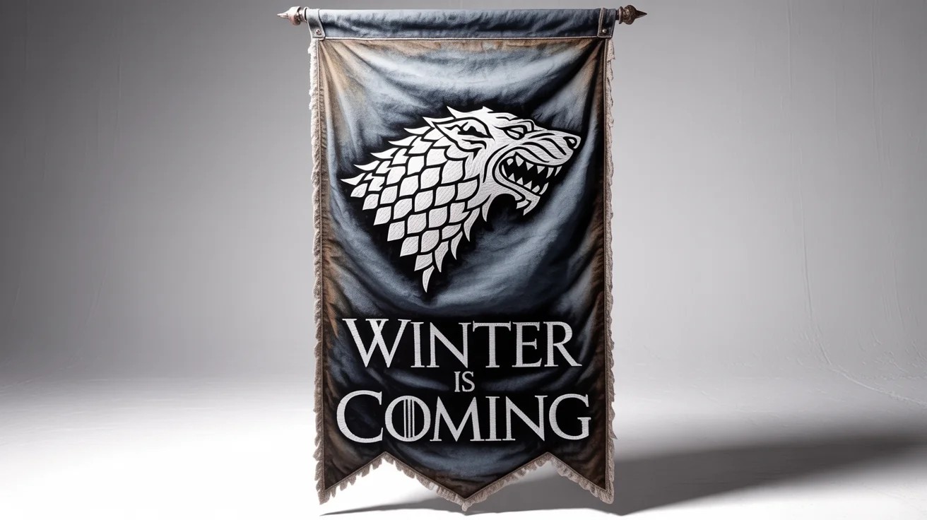 A photorealistic mockup of a dark grey, weathered Game of Thrones-style banner featuring a silver direwolf sigil and the words 'WINTER IS COMING' embroidered on it, displayed against a stark white background.