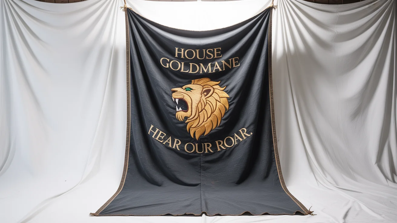 A majestic Game of Thrones-style banner for 'House Goldmane' featuring a golden lion sigil, displayed as a product mockup on a white background.