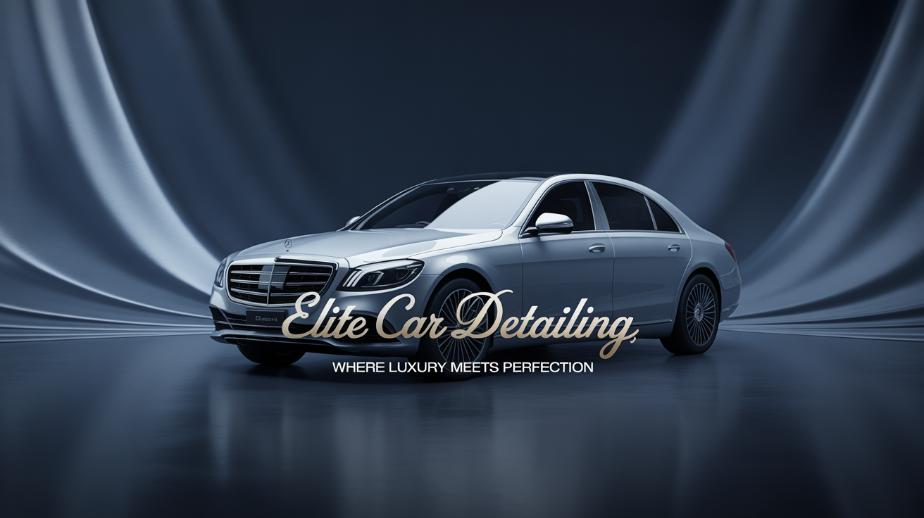 A polished hero image for 'Elite Car Detailing', featuring a glossy silver luxury car on a dark navy background with an elegant gold logo and white tagline.