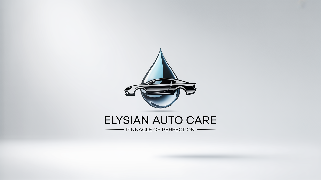 A minimalist and luxurious logo for 'Elysian Auto Care,' a car detailing service, featuring a chrome emblem of a car and a water droplet on a white background.