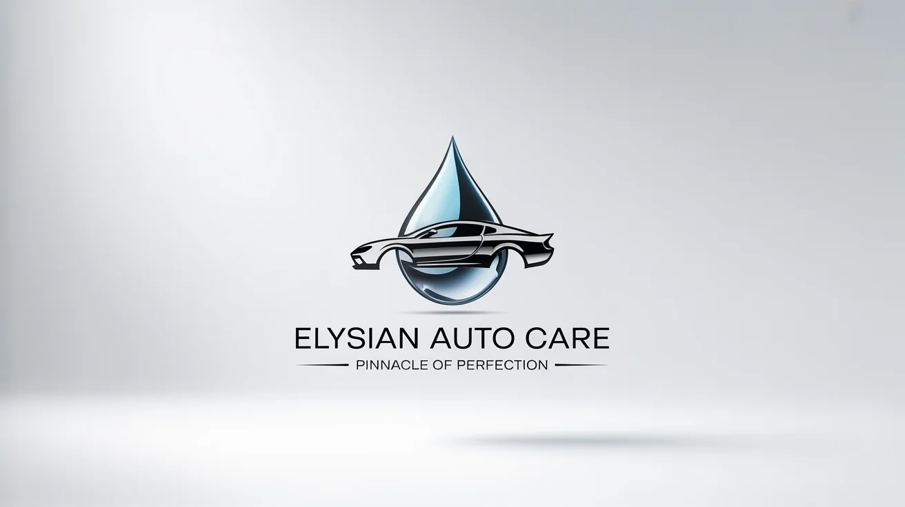 A minimalist and luxurious logo for 'Elysian Auto Care,' a car detailing service, featuring a chrome emblem of a car and a water droplet on a white background.