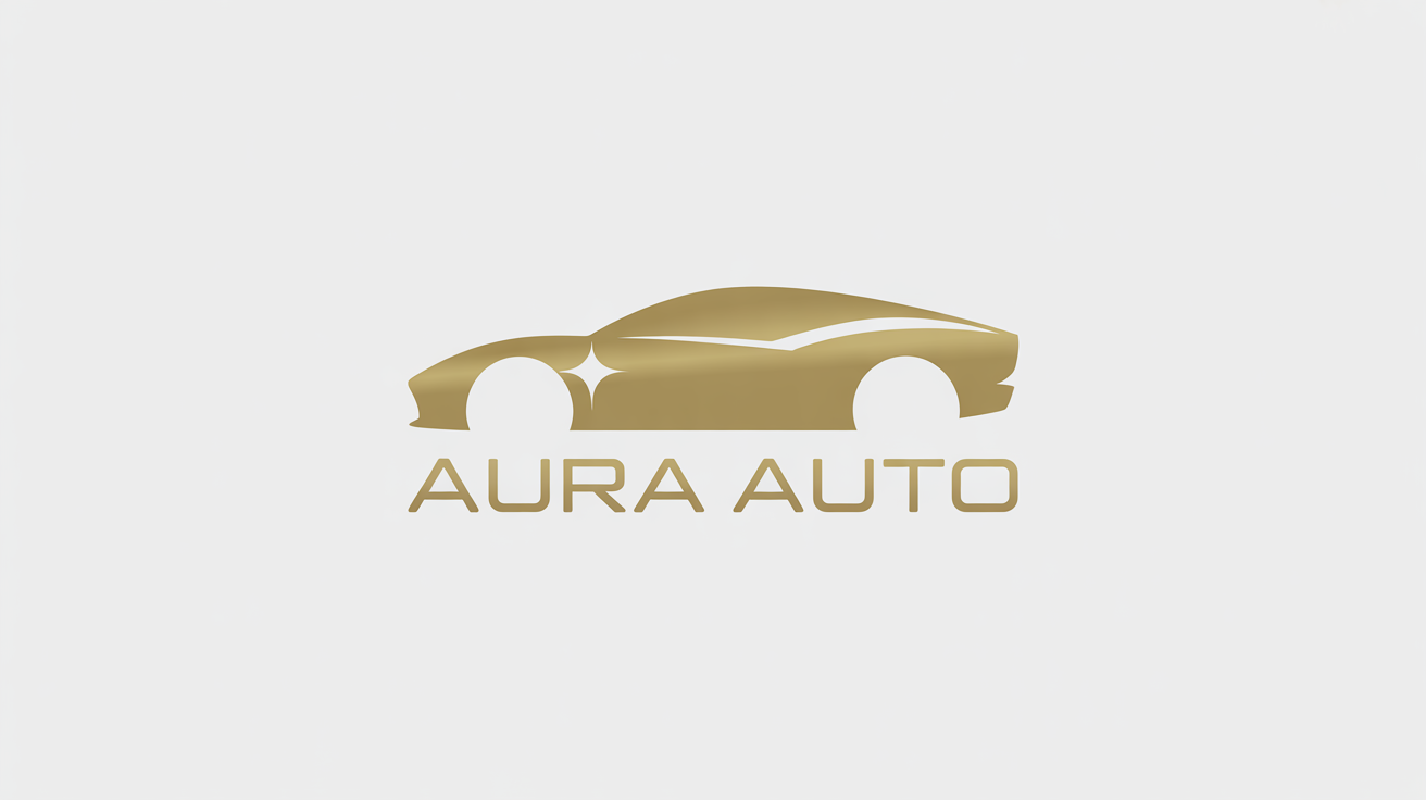 A luxurious gold logo for 'AURA AUTO' car detailing, featuring a sleek car silhouette and a sparkle on a white background.