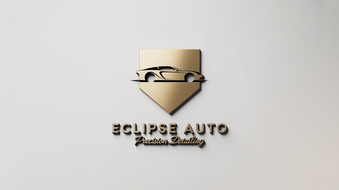 A 3D mockup of a luxury car detailing logo for 'ECLIPSE AUTO', featuring a brushed gold shield and car silhouette emblem on a clean white background.