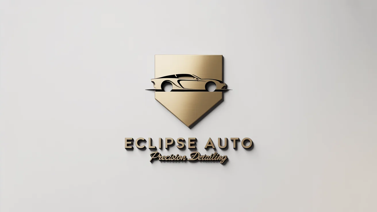 A 3D mockup of a luxury car detailing logo for 'ECLIPSE AUTO', featuring a brushed gold shield and car silhouette emblem on a clean white background.