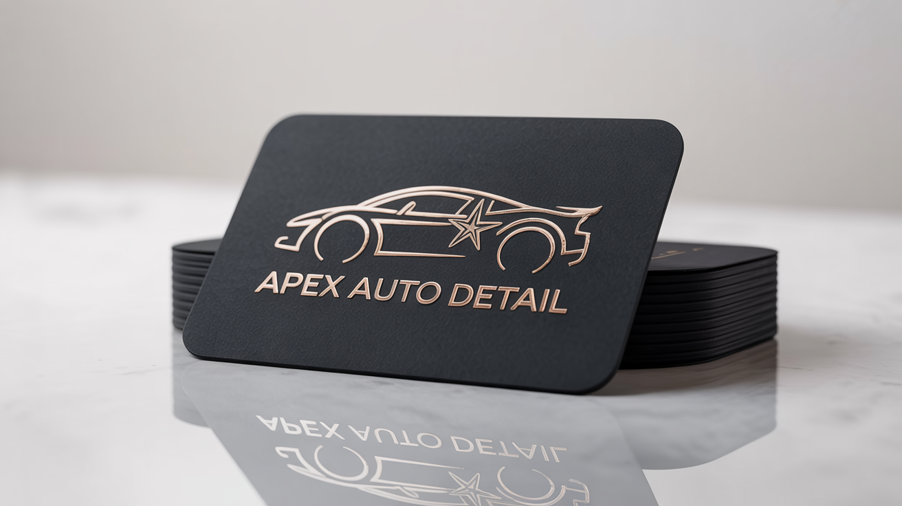 A photorealistic mockup of a luxury car detailing logo for 'Apex Auto Detail'. The elegant gold logo, featuring a sports car silhouette and a shine, is embossed on a matte black business card set against a pure white background.